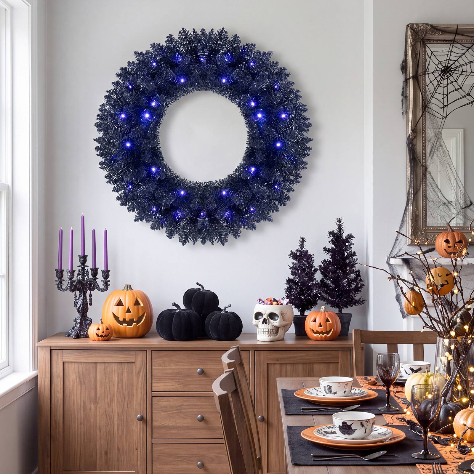 Alt View 4. Gymax - Gymax 24'' Pre-Lit Artificial Halloween Wreath w/ 35 Purple LED Lights Timer - Black.