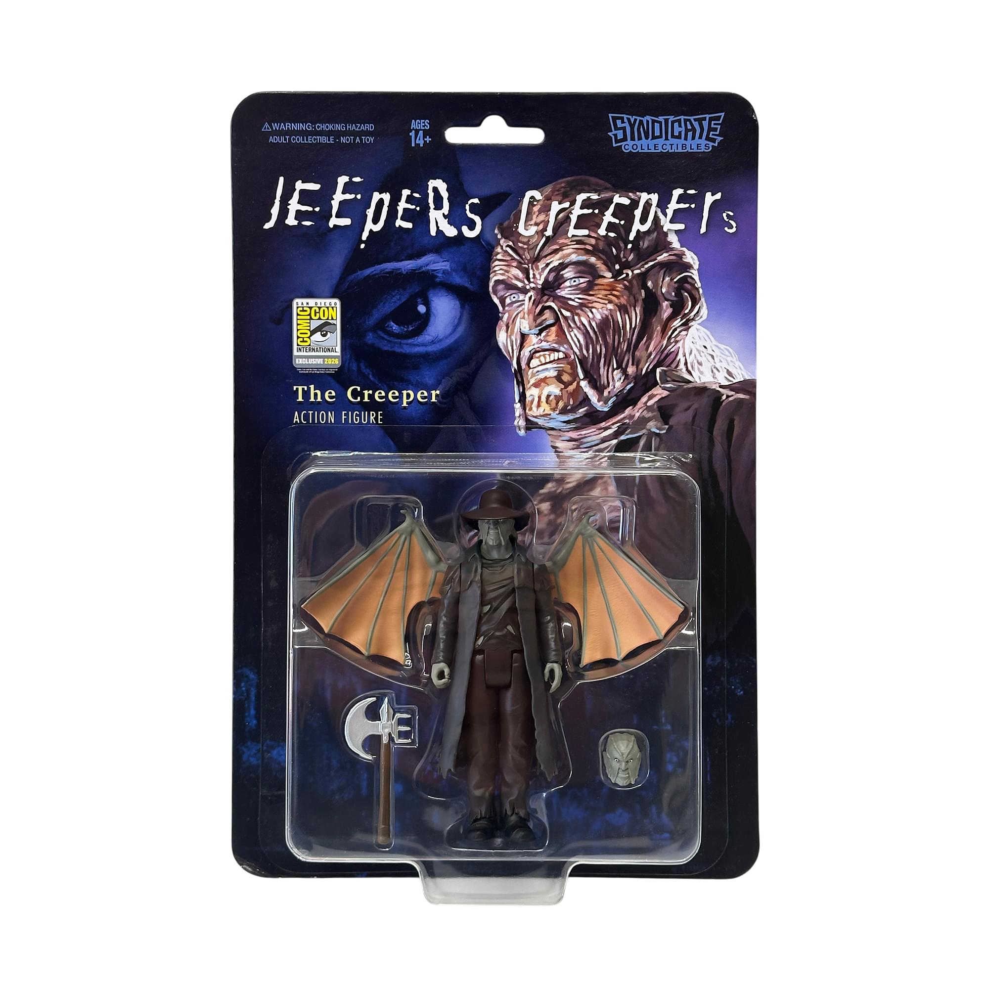 4 WARNING: CHOKING HAZARD AGES ADULT COLLECTIBLE NOT A TOY 14+ SYNDICATE COLLECTIBLES JEEPERs CHEEDErS ... DIECO CON INTERNATIONAL COMIC DELISVE 2026 The Creeper ACTION FIGURE