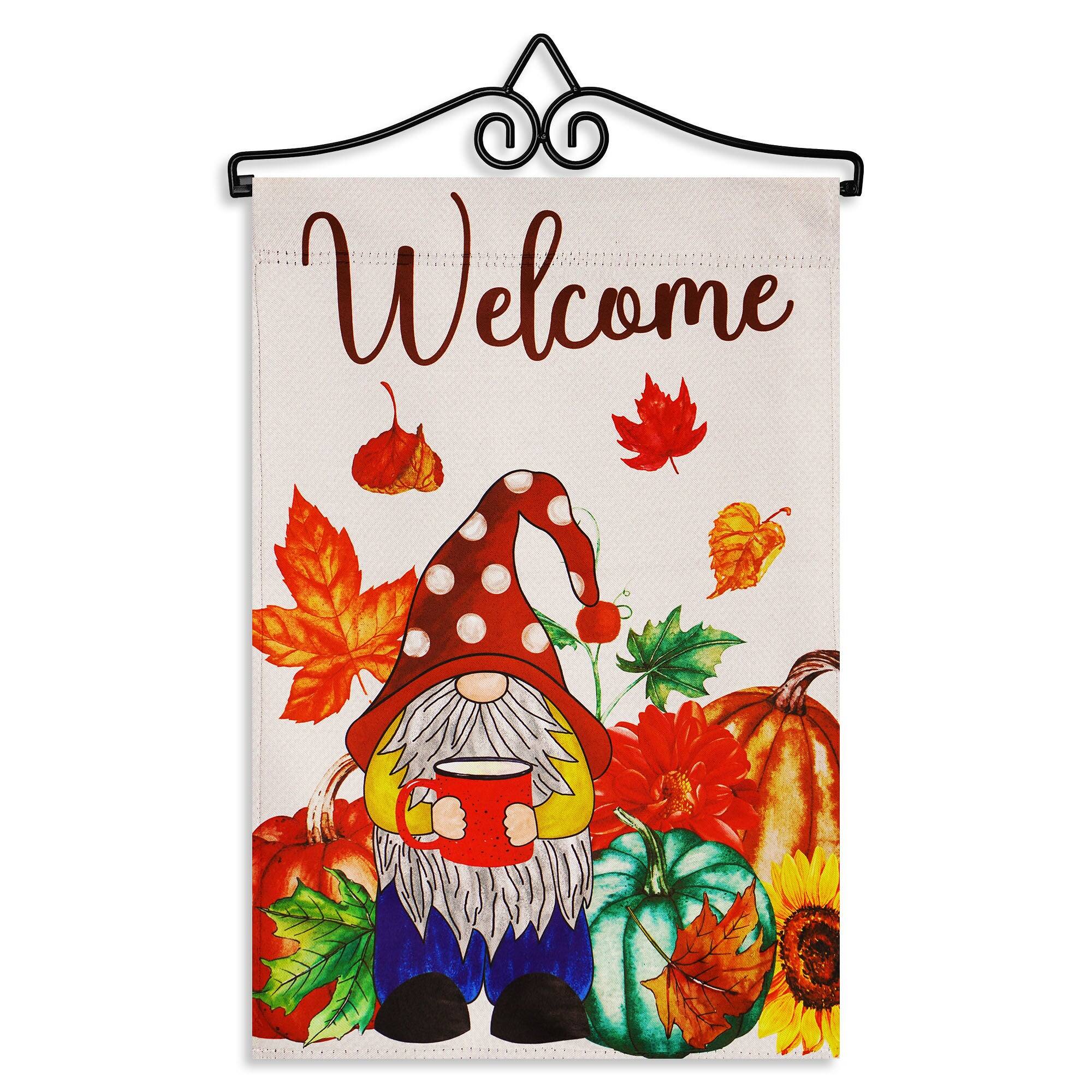 Front. G128 - Combo Pack Garden Flag Hanger 14.2 in & 12 x 18 in Double-Sided Blockout Flag - Welcome Gnome with Coffee at Harvest. - Multicolor.