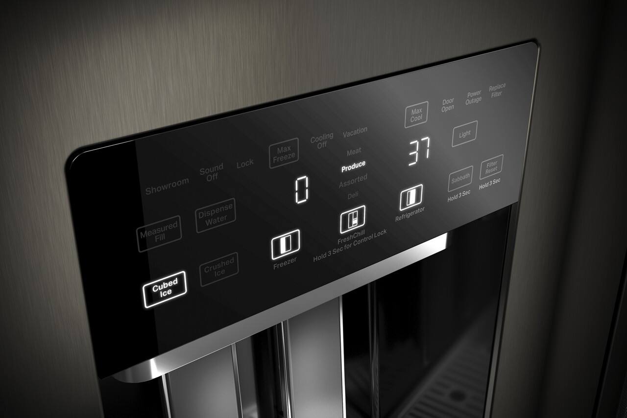 Sure, here is the corrected and grouped text from the image:

**Top Row:**
- Sound Off
- Lock
- Showroom
- Dispense Water
- Measured Fill
- Crushed Ice
- Cubed Ice

**Middle Row:**
- Replace Power Filter
- Door Outage
- Max Freeze
- Cooling Off
- Vacation
- Meat
- Produce
- Assorted
- Deli

**Right Side:**
- Max Cool
- Light
- Filter Reset
- Sabbath
- Hold 3 Sec
- Hold 3 Sec for Control Lock

**Bottom Row:**
- FreshChill
- Refrigerator

**Temperature Display:**
- 37

**Additional:**
- Freezer
- Hold 3 Sec for Control Lock