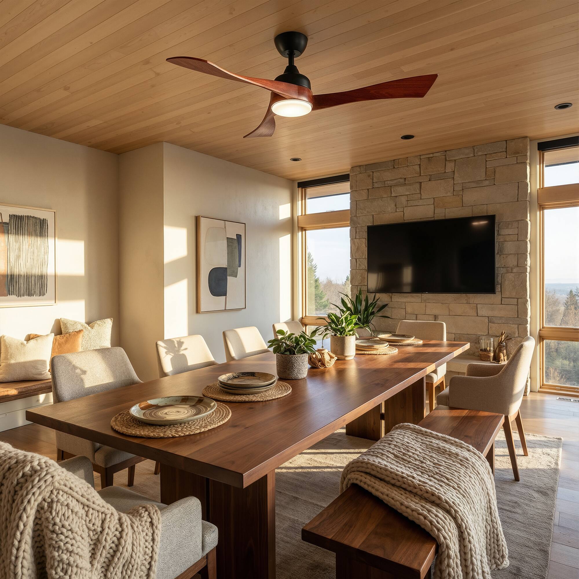 Left. Famapy - 42-Inch Walnut Wood Ceiling Fan with Light - Smart APP & Remote Control, Reversible DC Motor for Bedroom,Living Room - Wooden.