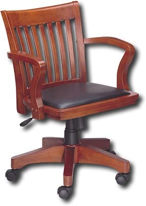 Photo 1 of  ******MISSING HARDWARE*** Home Furnishings Deluxe Wood Banker's Desk Chair with Padded Seat, Adjustable Height and Locking Tilt, Fruitwood Finish and Brown Vinyl