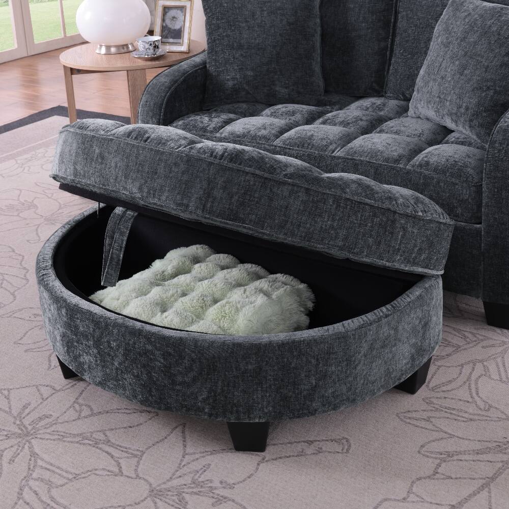 Alt View 1. Loheer - Loheer 2-Seater Black Corduroy Sofa Recliner with Storage Footrest and Pillows for Living Room - Black.