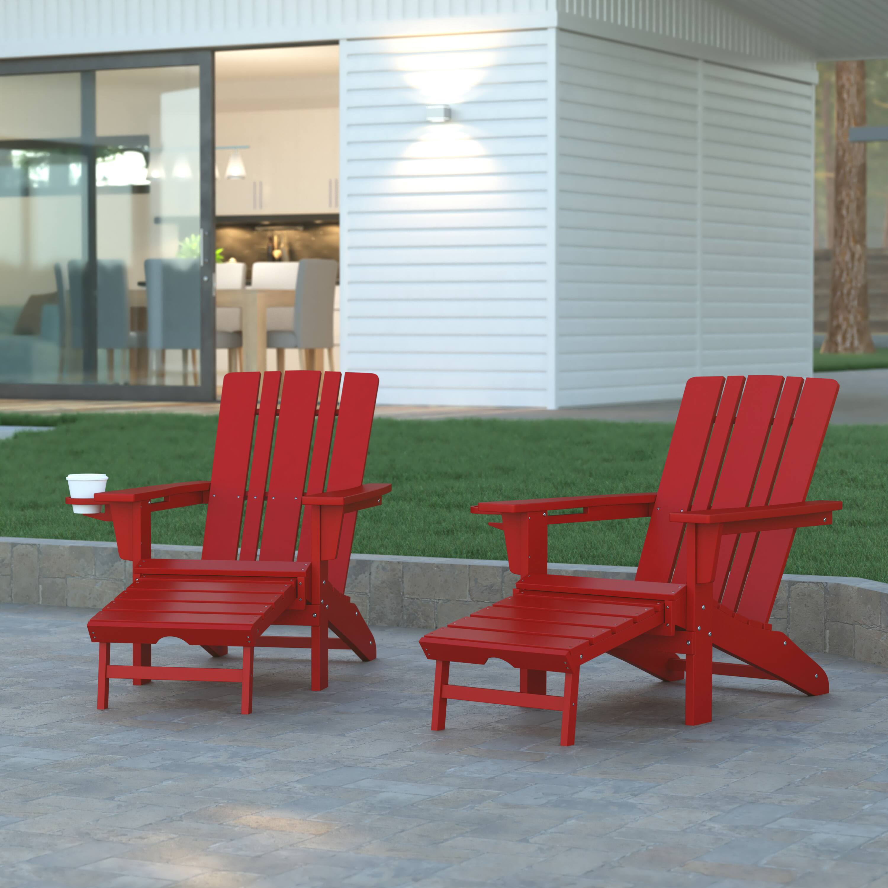 Alt View 2. Emma + Oliver - Haley Set of 2 Adirondack Chairs with Cup Holders and Pull Out Ottoman, All-Weather HDPE Indoor/Outdoor Lounge Chairs - Red.