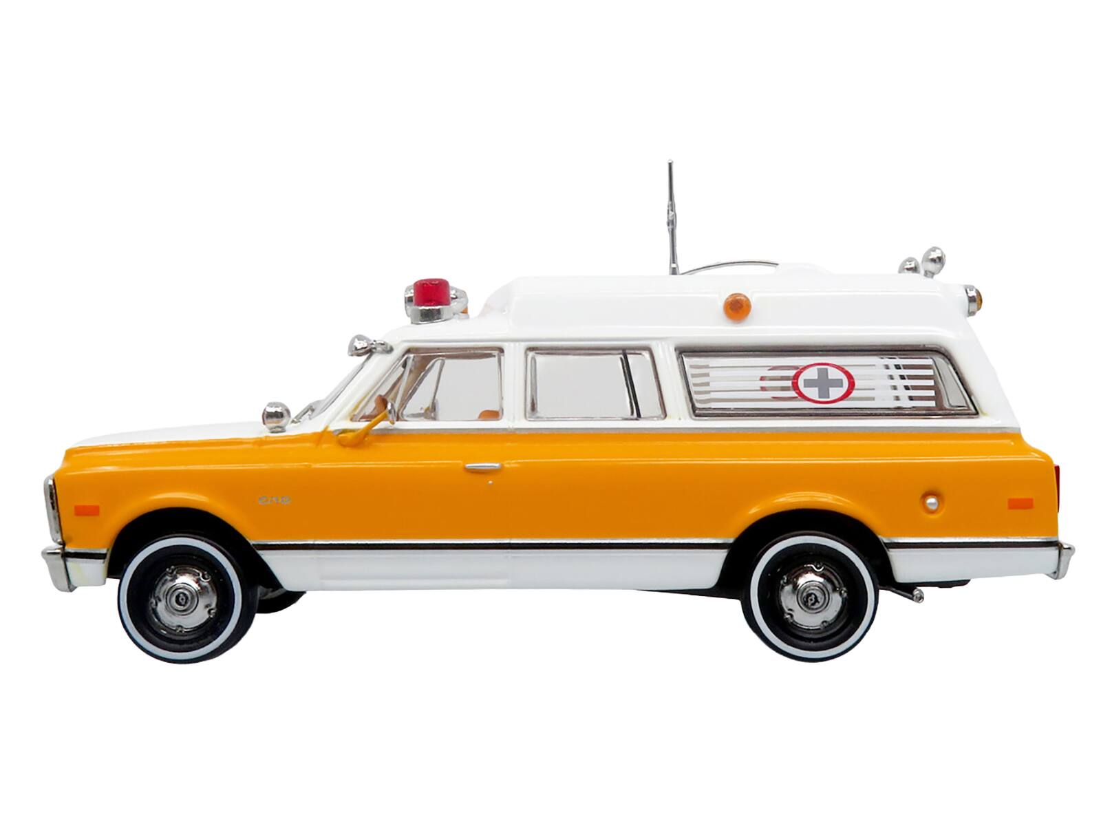 Angle. Iconic Replicas - 1969 Chevrolet C-10 Ambulance "Rampart General Hospital" White/Yellow "5 Alarm" Series Limited Edition 1/50 Diecast - White and Yellow.