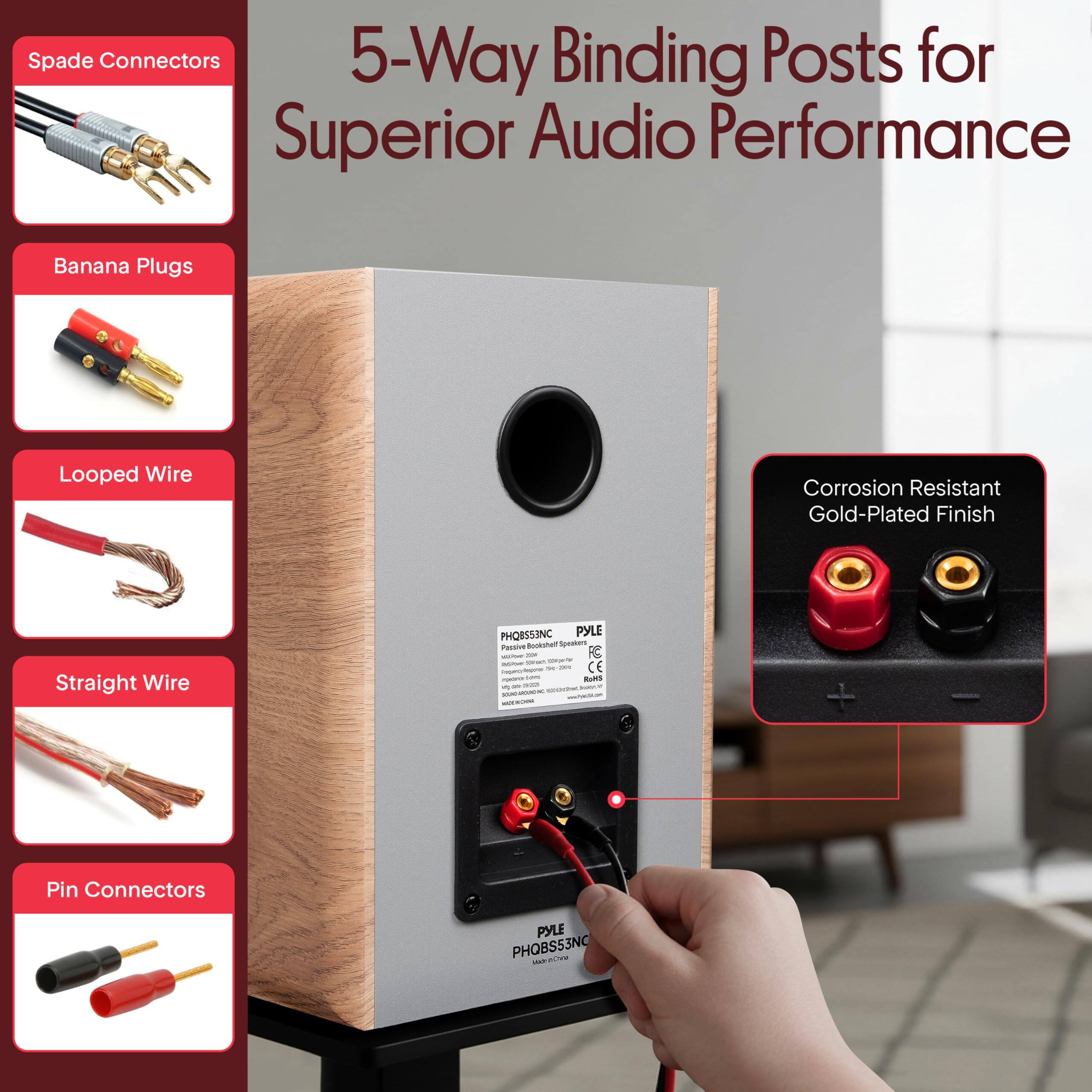 Spade Connectors  
5-Way Binding Posts for Superior Audio Performance  
Banana Plugs  
Looped Wire  
Straight Wire  
Pin Connectors  

Corrosion Resistant Gold-Plated Finish  

PYLE  
PHOBS53NC