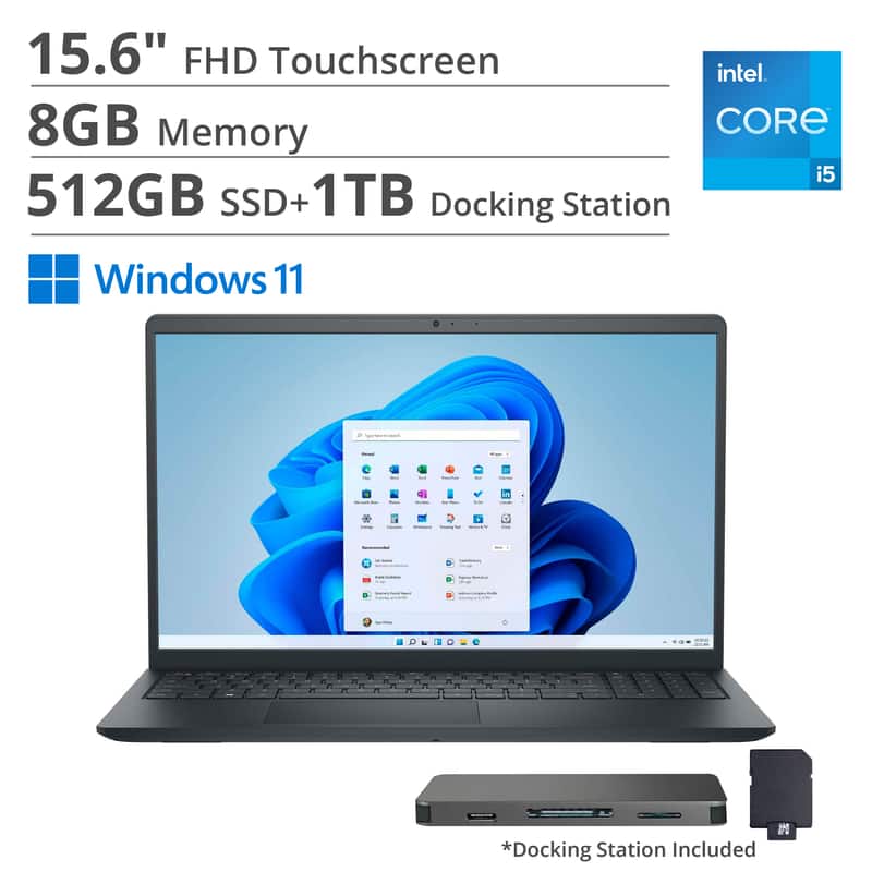 Dell - 15.6" 2K Touch Laptop,Intel i5 1334U,8GB RAM,512GB SSD+1TB Dock Set,Intel UHD GPU,Numeric Pad,Win 11 - Black