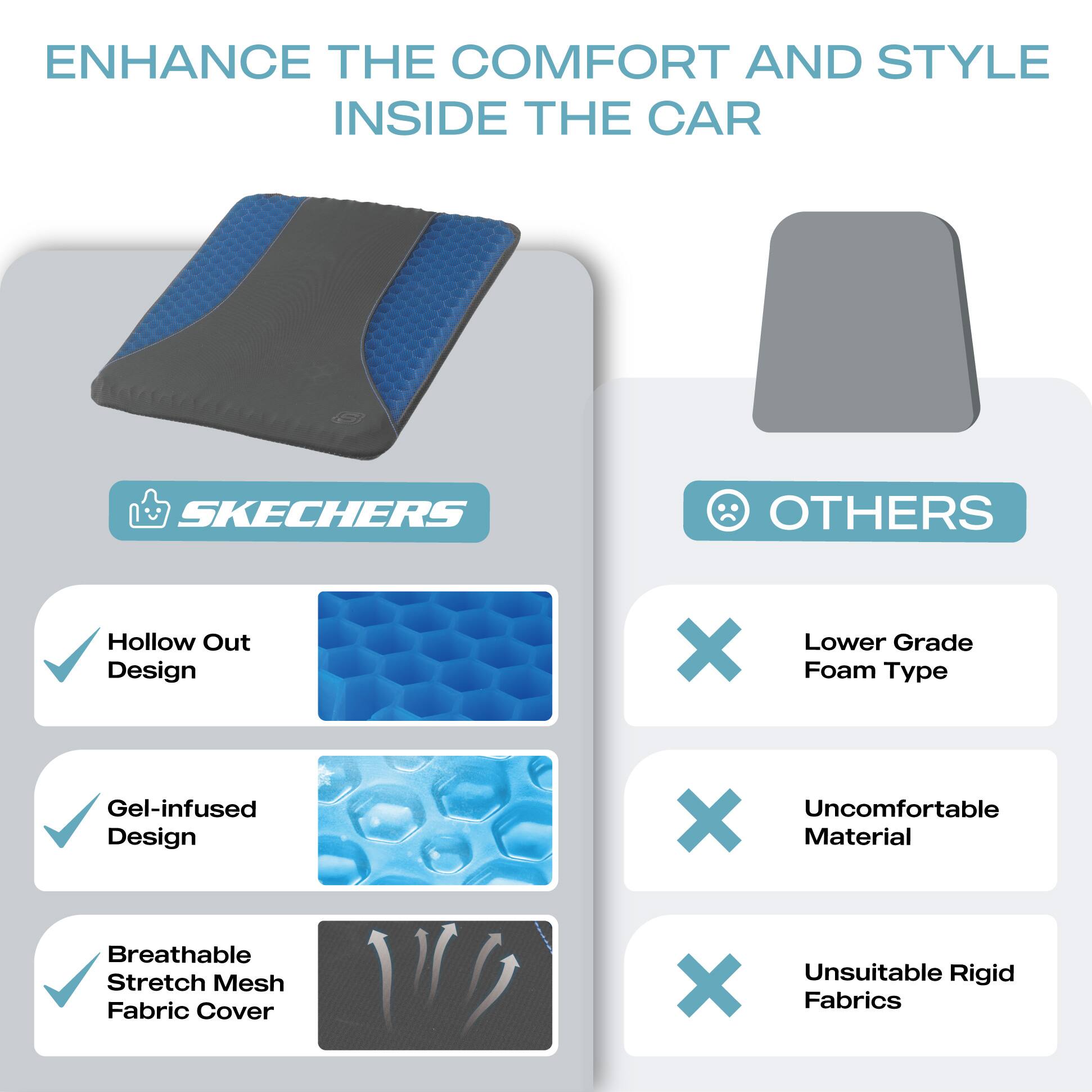 ENHANCE THE COMFORT AND STYLE INSIDE THE CAR

SKECHERS

- Hollow Out Design ✔️
- Gel-infused Design ✔️
- Breathable Stretch Mesh Fabric Cover ✔️

OTHERS

- Lower Grade Foam Type ❌
- Uncomfortable Material ❌
- Unsuitable Rigid Fabrics ❌