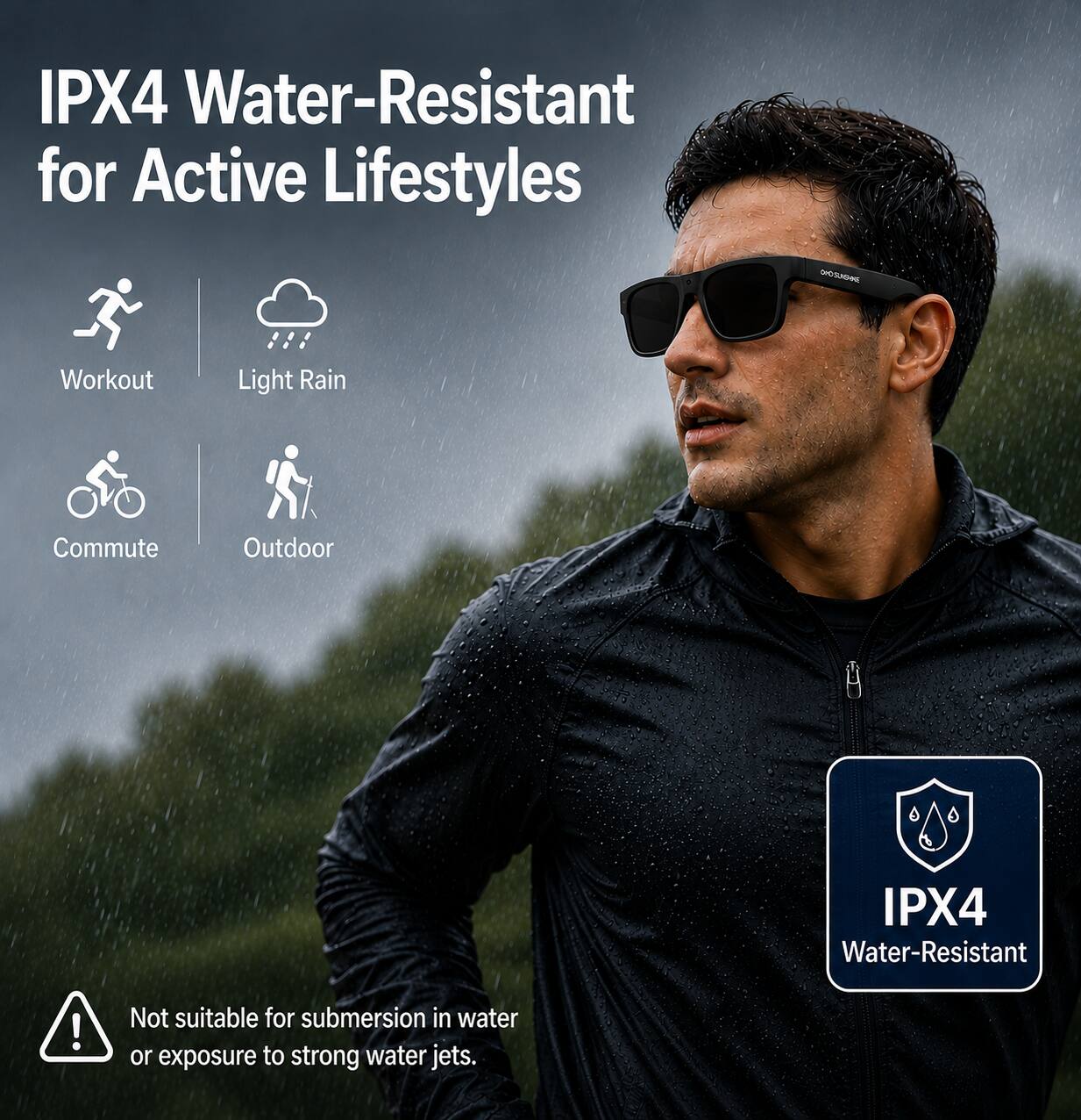 IPX4 Water-Resistant for Active Lifestyles

- Workout
- Light Rain
- Commute
- Outdoor

IPX4 Water-Resistant

Not suitable for submersion in water or exposure to strong water jets.