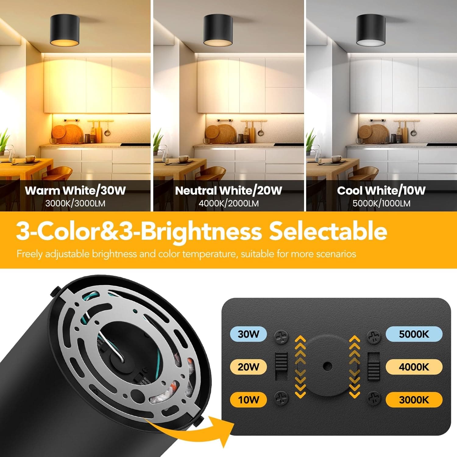 Warm White/30W  
Neutral White/20W  
Cool White/10W  

3000K/3000LM  
4000K/2000LM  
5000K/1000LM  

3-Color & 3-Brightness Selectable  

Freely adjustable brightness and color temperature, suitable for more scenarios  

30W  
20W  
10W  

3000K  
4000K  
5000K