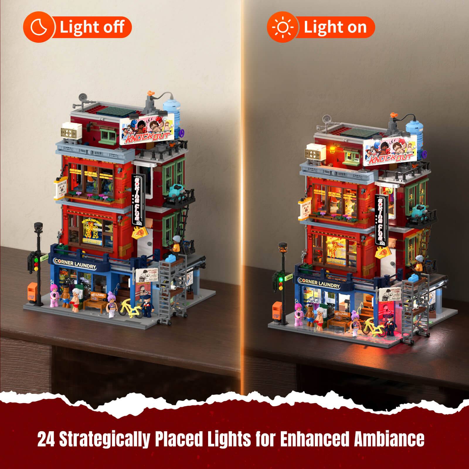 Light off  
Light on  
BEER KNOCKOUT CLOO CORNER LAUNDRY  
BEER E CORNER LAUNDRY,  
KNOCKOUT CLUB BONING  
TARING,  
24 Strategically Placed Lights for Enhanced Ambiance