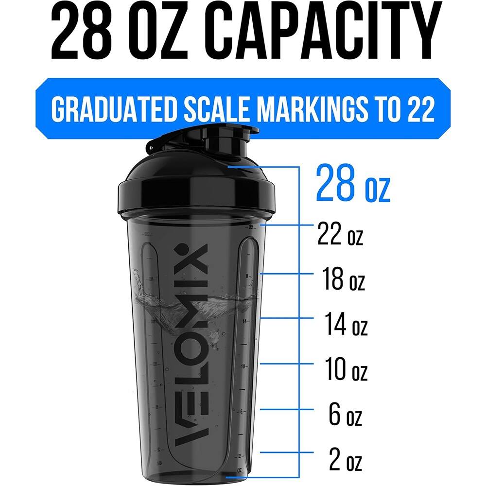 28 OZ CAPACITY  
GRADUATED SCALE MARKINGS TO 22  

28 OZ  
22 OZ  
18 OZ  
14 OZ  
10 OZ  
6 OZ  
2 OZ  

VELOMIX