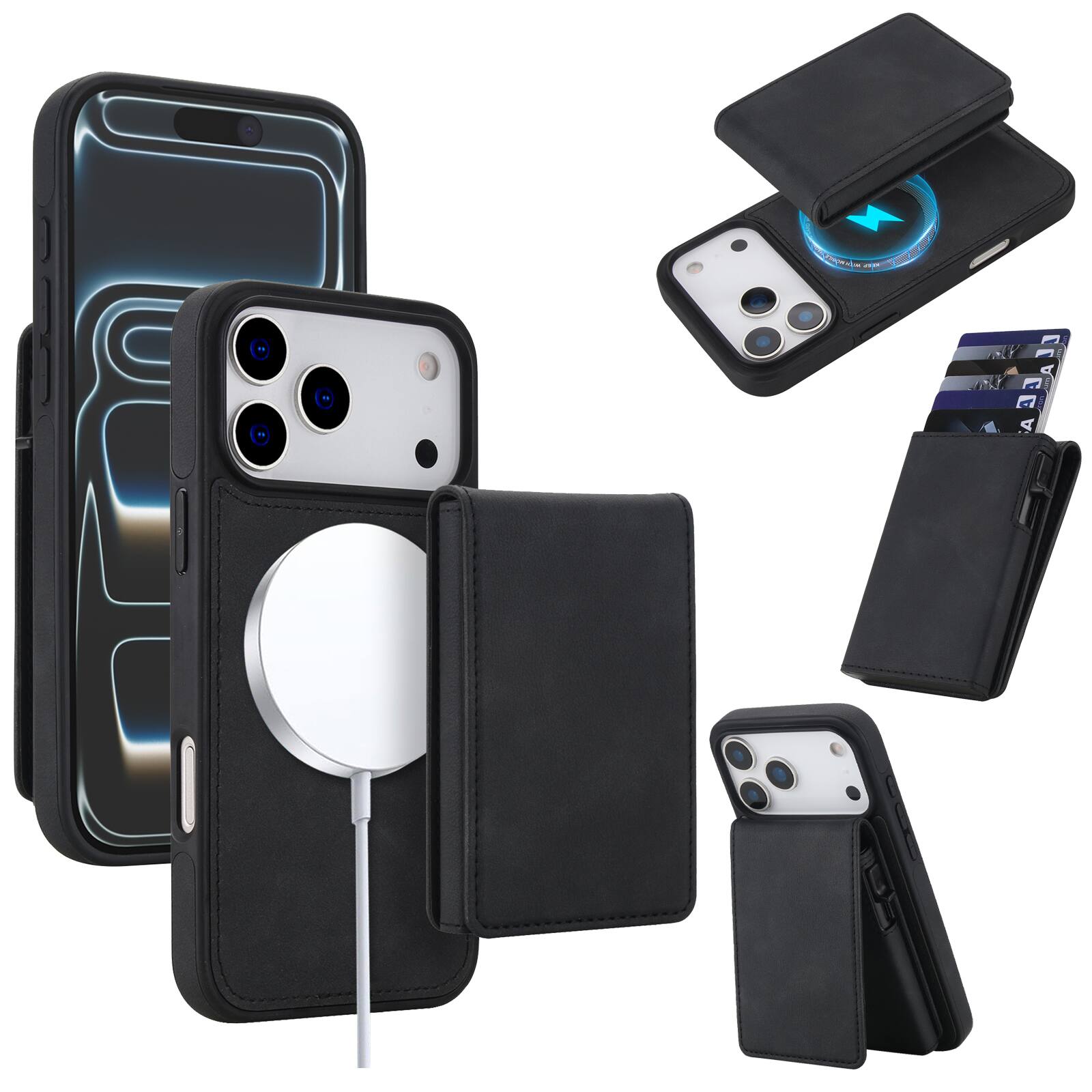 Alt View 5. Dteck - 2-in-1 Magnetic Wallet Case for Apple iPhone 17 Pro, Detachable Card Holder with Stand, RFID Blocking Folio Phone Cover - Black.
