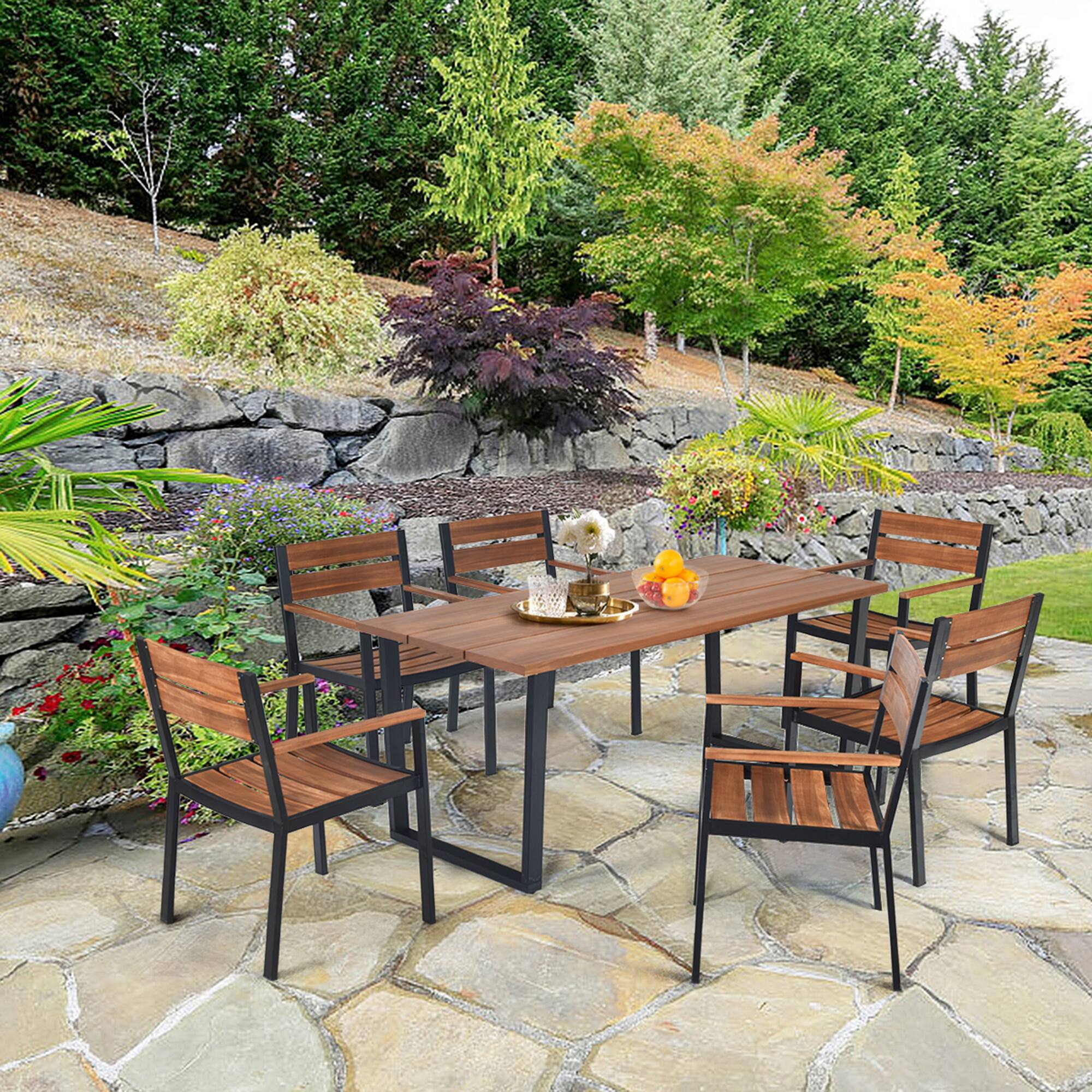 Front. Gymax - Gymax Patented 7PCS Patio Dining Set Outdoor Furniture Set w/ 6 Armchairs Umbrella Hole - as pic.