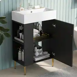 Loheer - 21.6 inch bathroom vanity with ceramic sink left side storage - Black