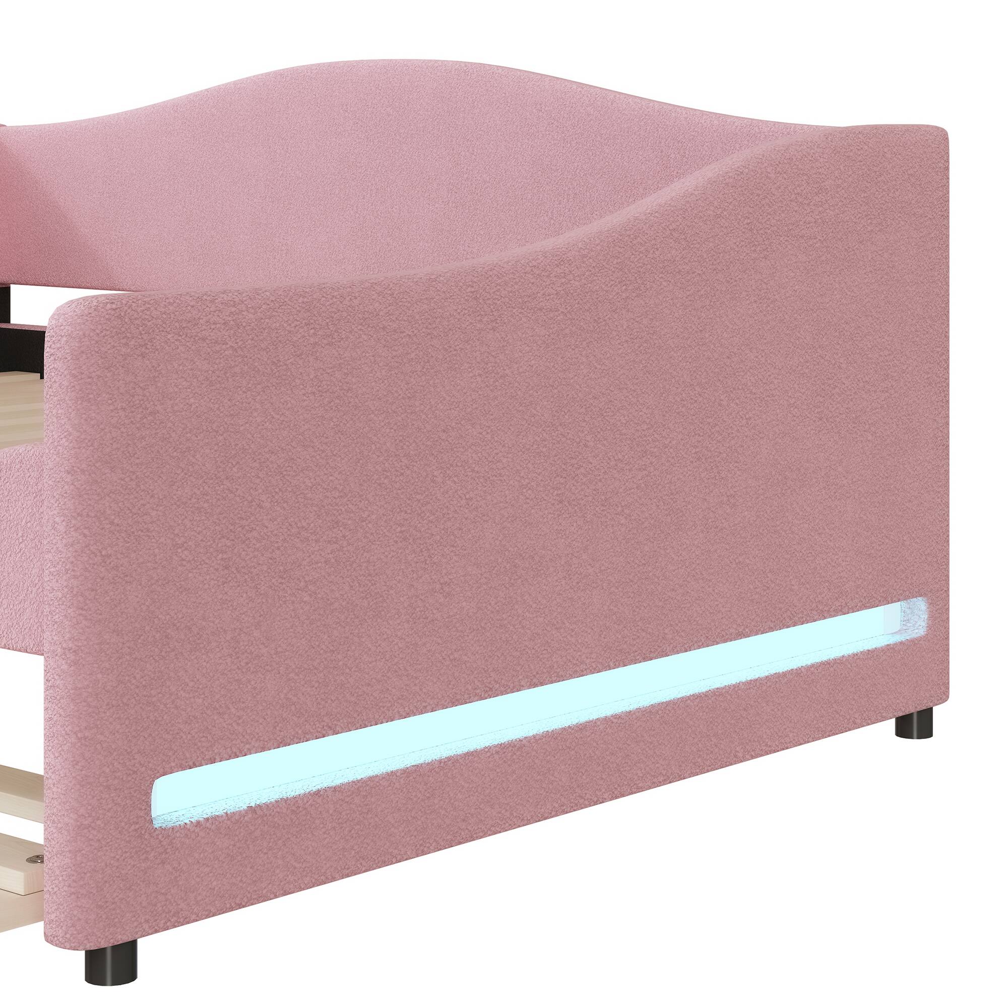 Alt View 7. Tiramisubest - Teddy Fleece Full Size Upholstered Daybed with Light and Trundle, Pink - Pink.