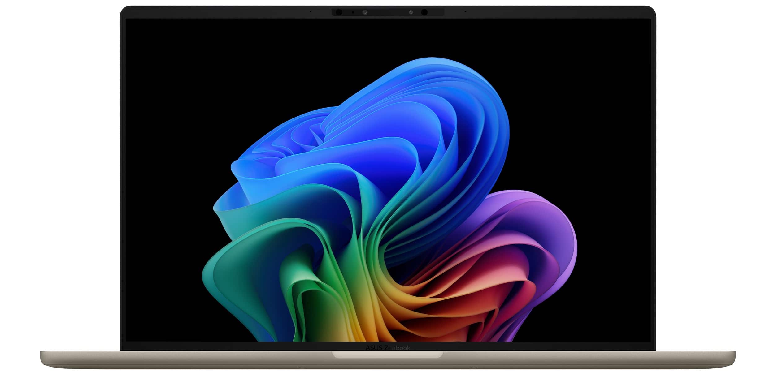 The image shows a close-up of a laptop computer, specifically an Asus Zenbook. The laptop features a colorful design on its cover, with a blue and orange background. The screen of the laptop is also visible, displaying a vibrant and dynamic image.