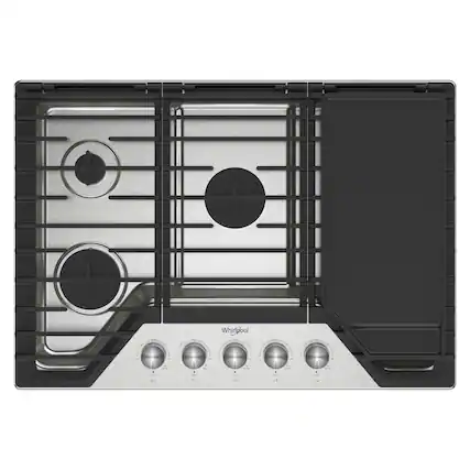 Front. Whirlpool - 30" Built-In Gas Cooktop with 3 Burners and 2-in-1 Hinged Grate to Griddle - Stainless Steel.