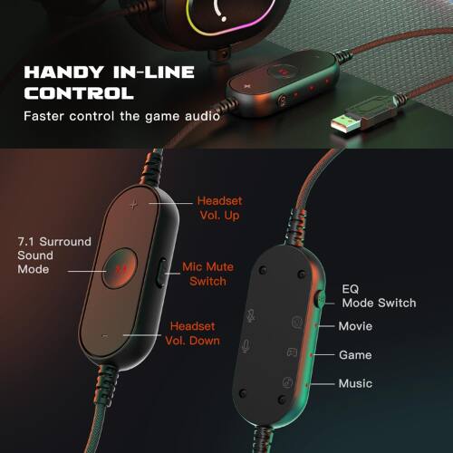 HANDY IN-LINE CONTROL  
Faster control the game audio  

- Headset Vol. Up  
- 7.1 Surround Sound Mode  
- Mic Mute Switch  
- EQ Mode Switch  
- Headset Vol. Down  
- Movie  
- Game  
- Music