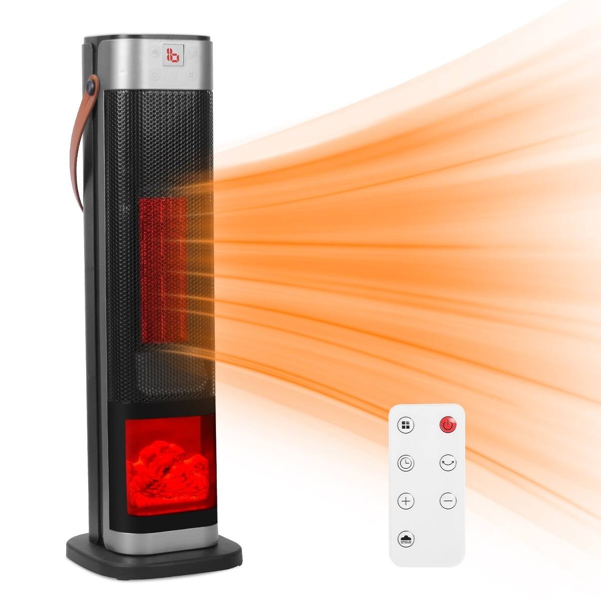 Front. Loheer - Loheer 1500W Oscillating Ceramic Tower Heater with 3D Flame, Remote Control and 12-Hour Timer.