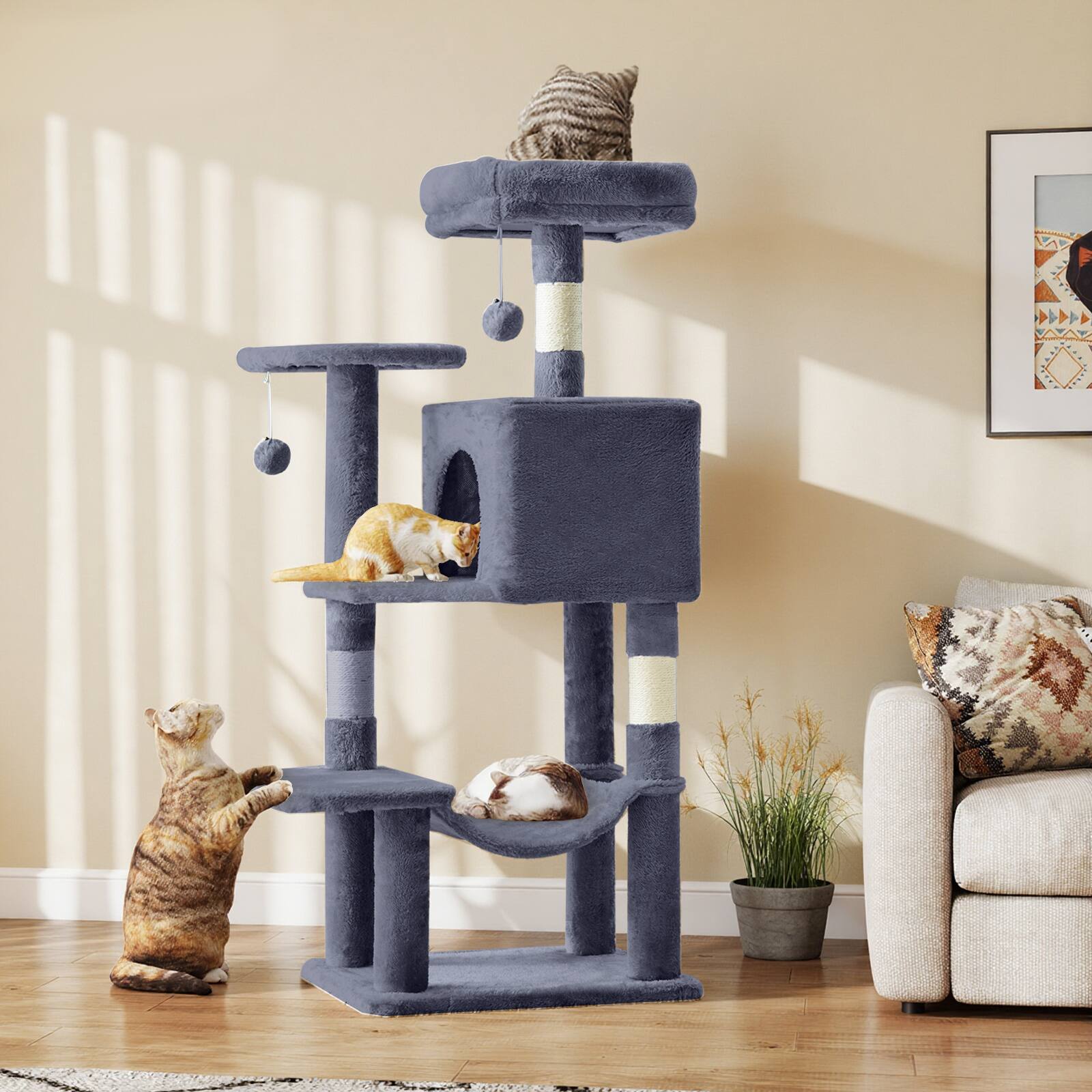 Front. AENKYO - 44" Cat Tree Tower Multi-Cat Climbing Tower with Natural Sisal Scratching Posts, Extended Platform - Dark Gray.