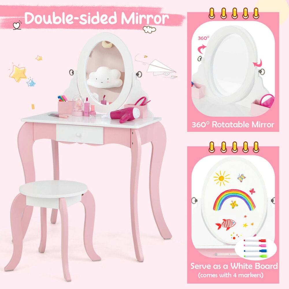 Double-Sided Mirror 360° Rotatable Mirror  
Serve as a White Board (comes with 4 markers)