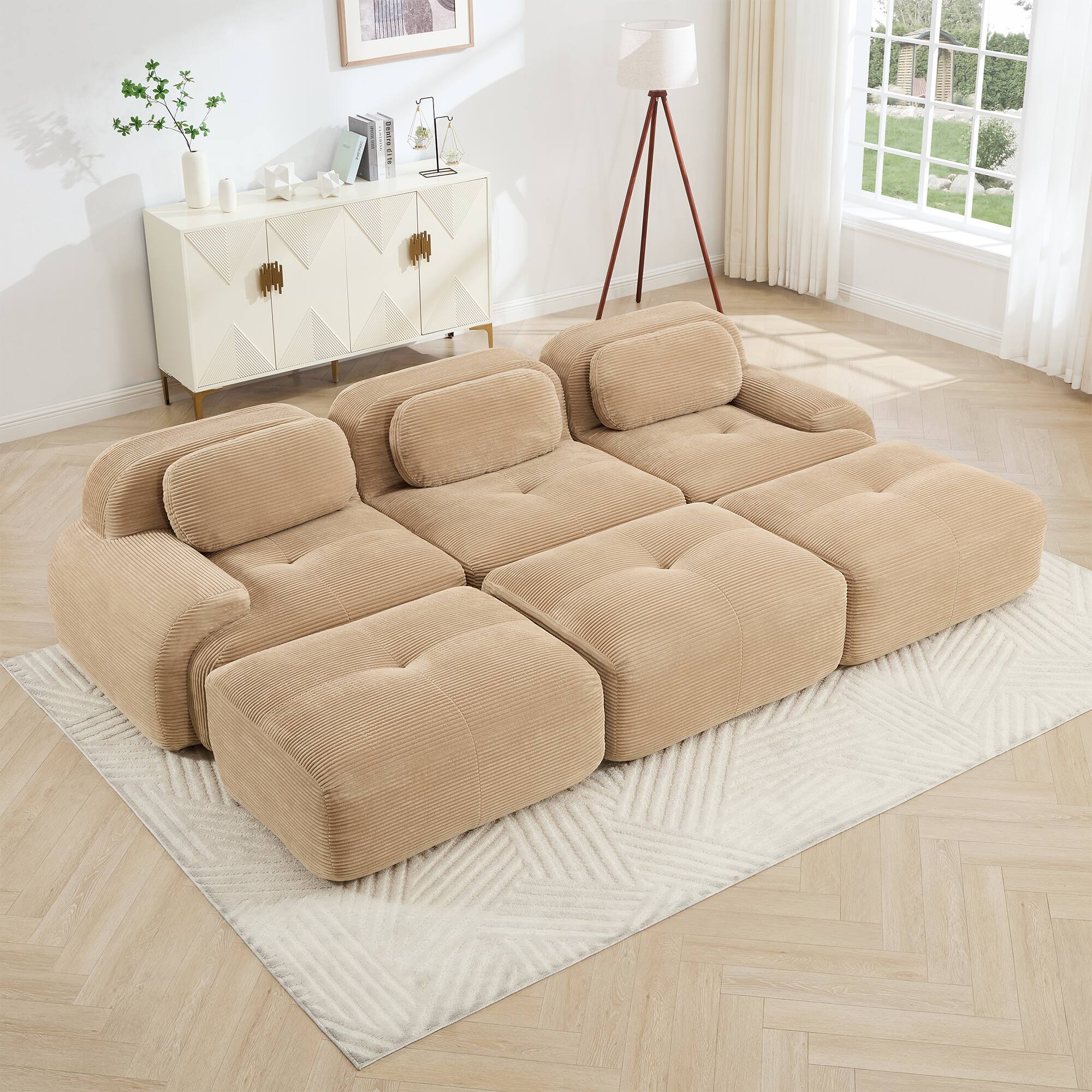 Front. LOVMOR - Corduroy Couch Modular No Assembly Compressed Pack Anti Slip Curved Armrests For Living Room Media Room Den TV - Camel.