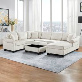 LUCKY ONE - 111.8" U-Shaped Chenille Sectional Sofa w/ Movable Storage Ottoman 4-Piece - White