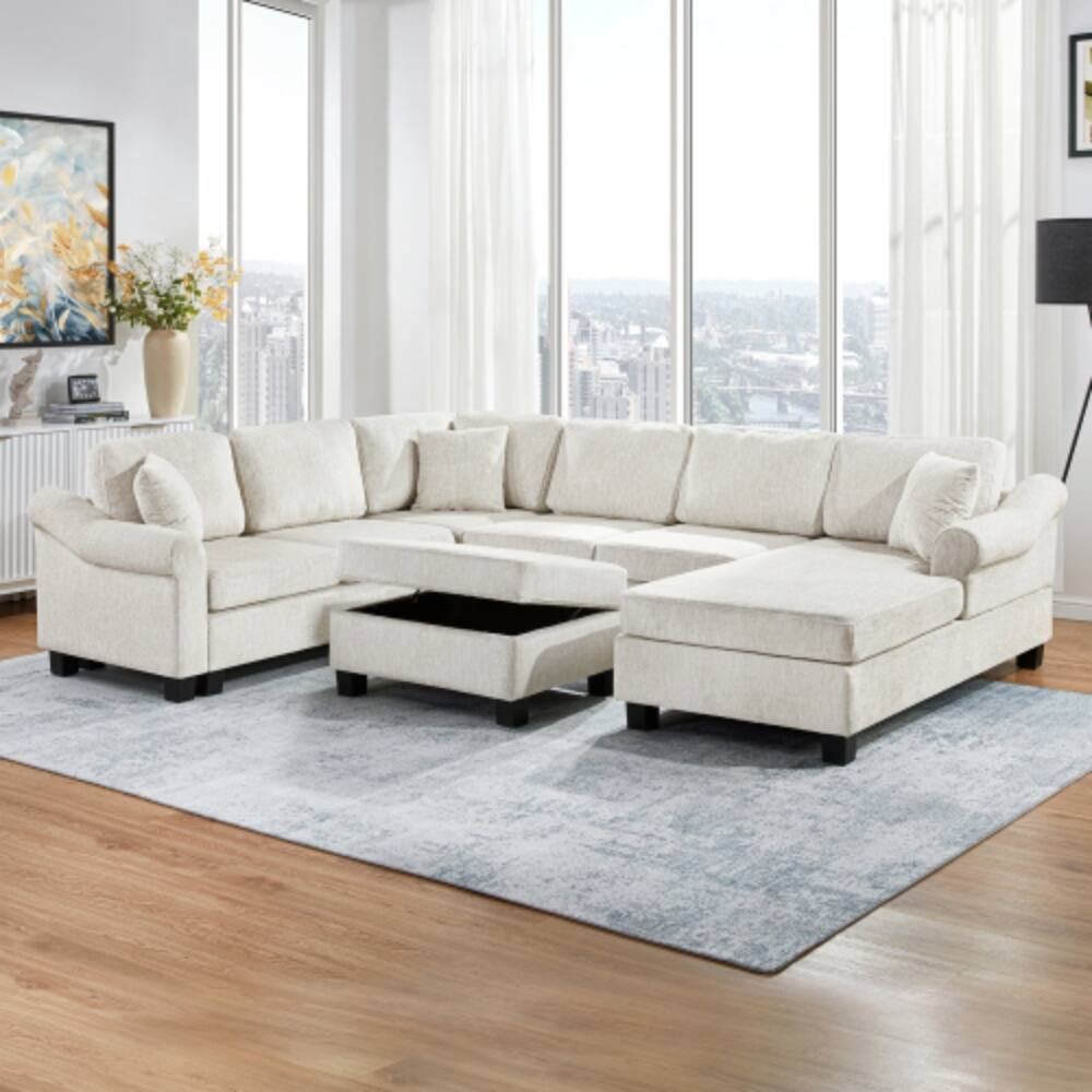 Front. LUCKY ONE - 111.8" U-Shaped Chenille Sectional Sofa w/ Movable Storage Ottoman 4-Piece - White.