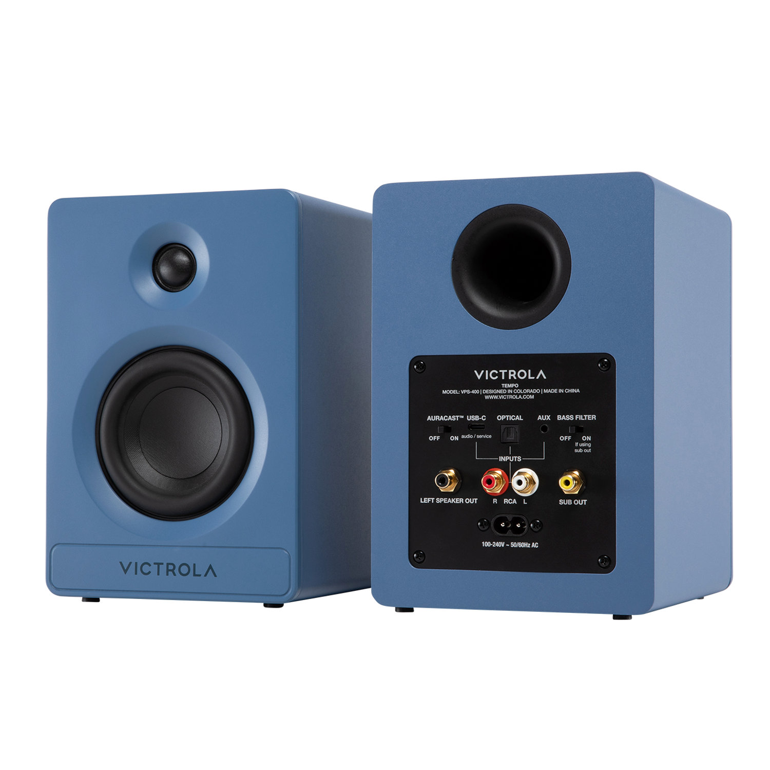 VICTROLA M MODEL n - - MADE IN CHINA - - www.VICTROLA.com a  AURACAST- USB-C OPTICAL AUX BASS FILTER nTR OT EN aute - I INPUTS  ON tt . s  LEFT SPEAKER OUT a RCA L sUB OUT 100-240V 50/60Hz AC VICTROLA