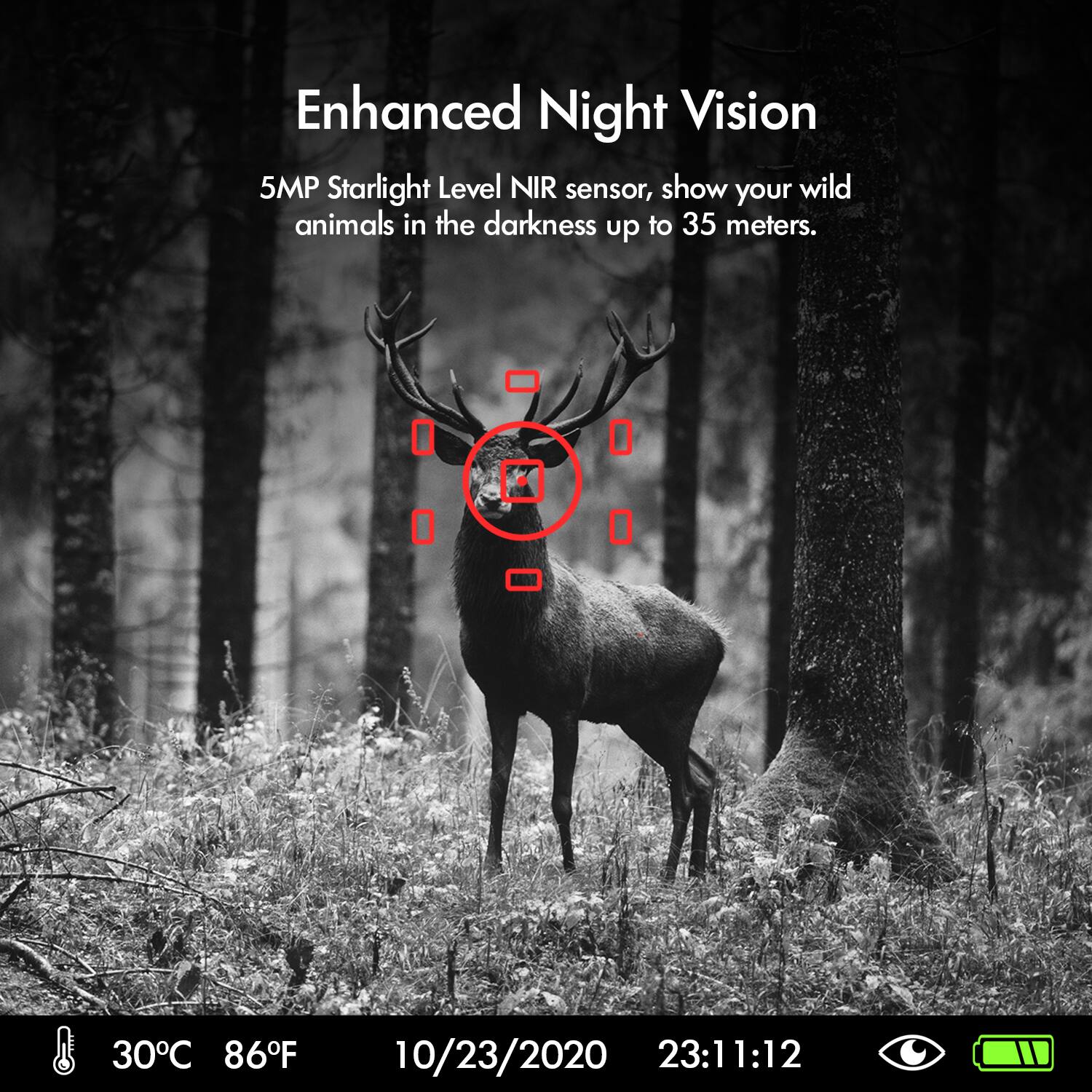 Enhanced Night Vision

5MP Starlight Level NIR sensor, show your wild animals in the darkness up to 35 meters.

30°C 86°F 10/23/2020 23:11:12
