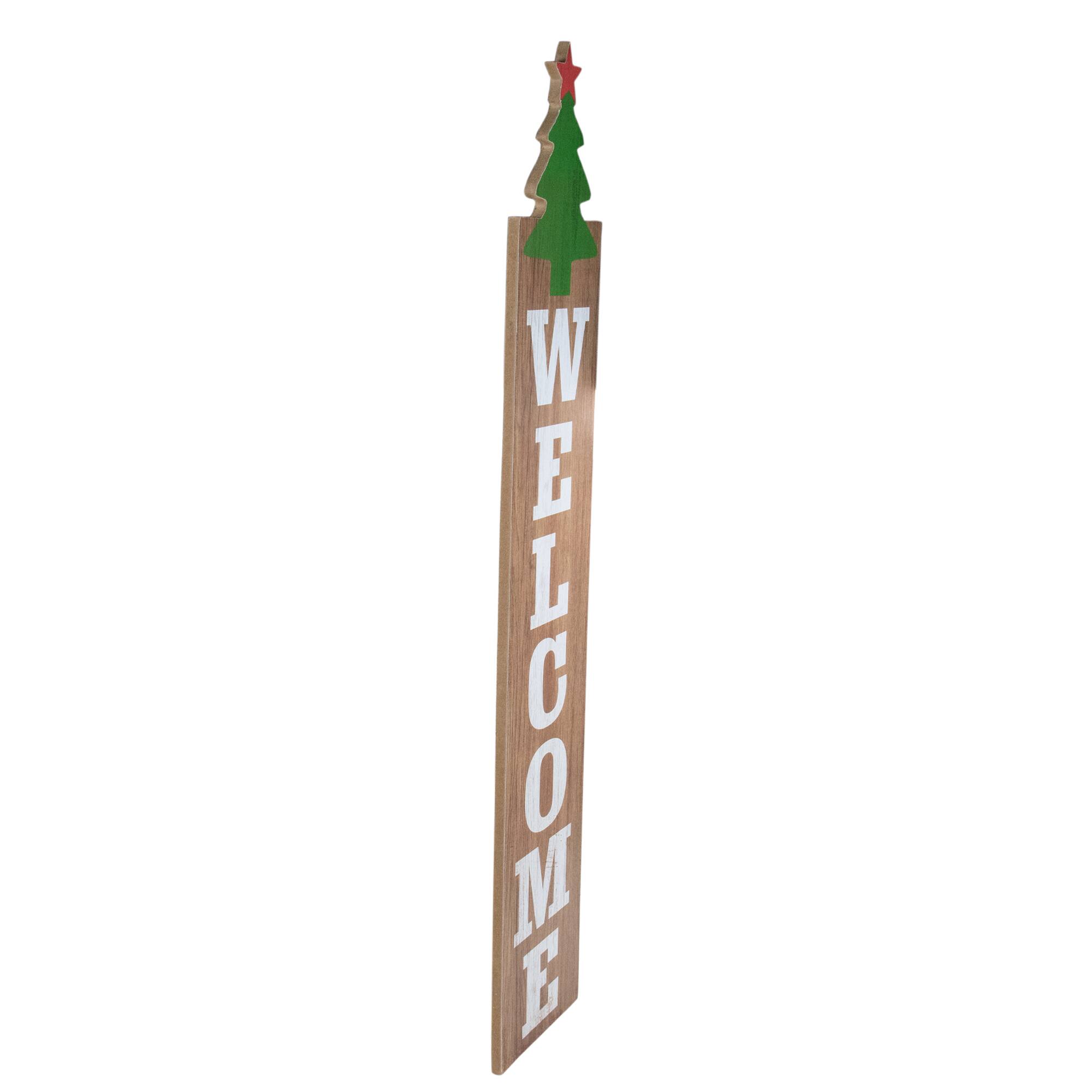 Alt View 4. Northlight - Christmas Tree and Star Wooden "Welcome" Porch Board Sign Decoration - 31.5" - Green - Brown.