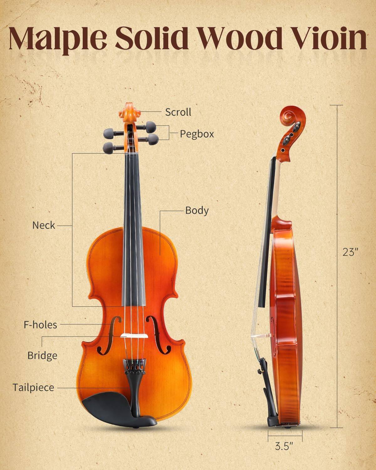 Malple Solid Wood Violin Scroll Pegbox Neck Body 23" F-holes Bridge Tailpiece 3.5"