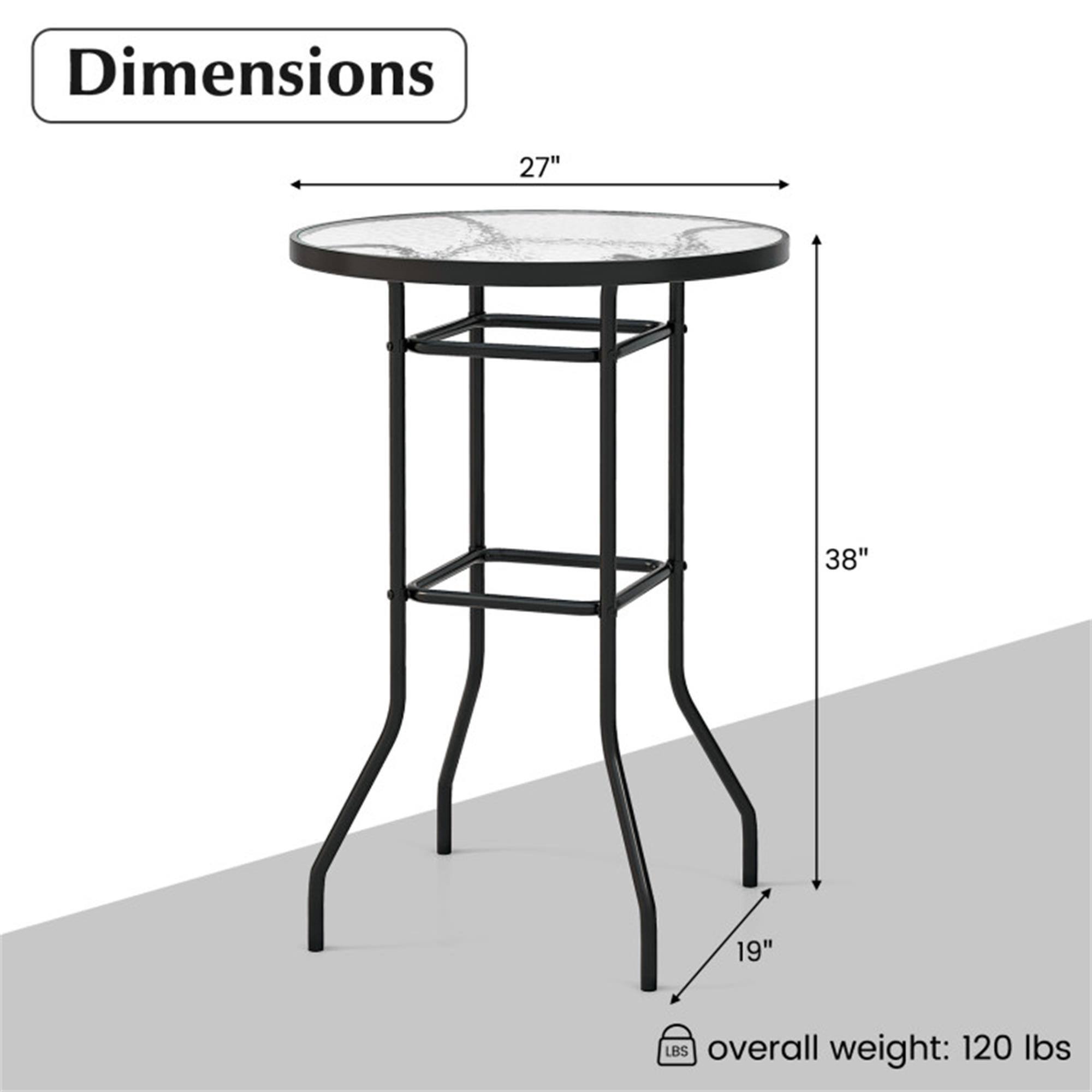 Dimensions: 27" (diameter) x 38" (height) x 19" (leg height)  
Overall weight: 120 lbs