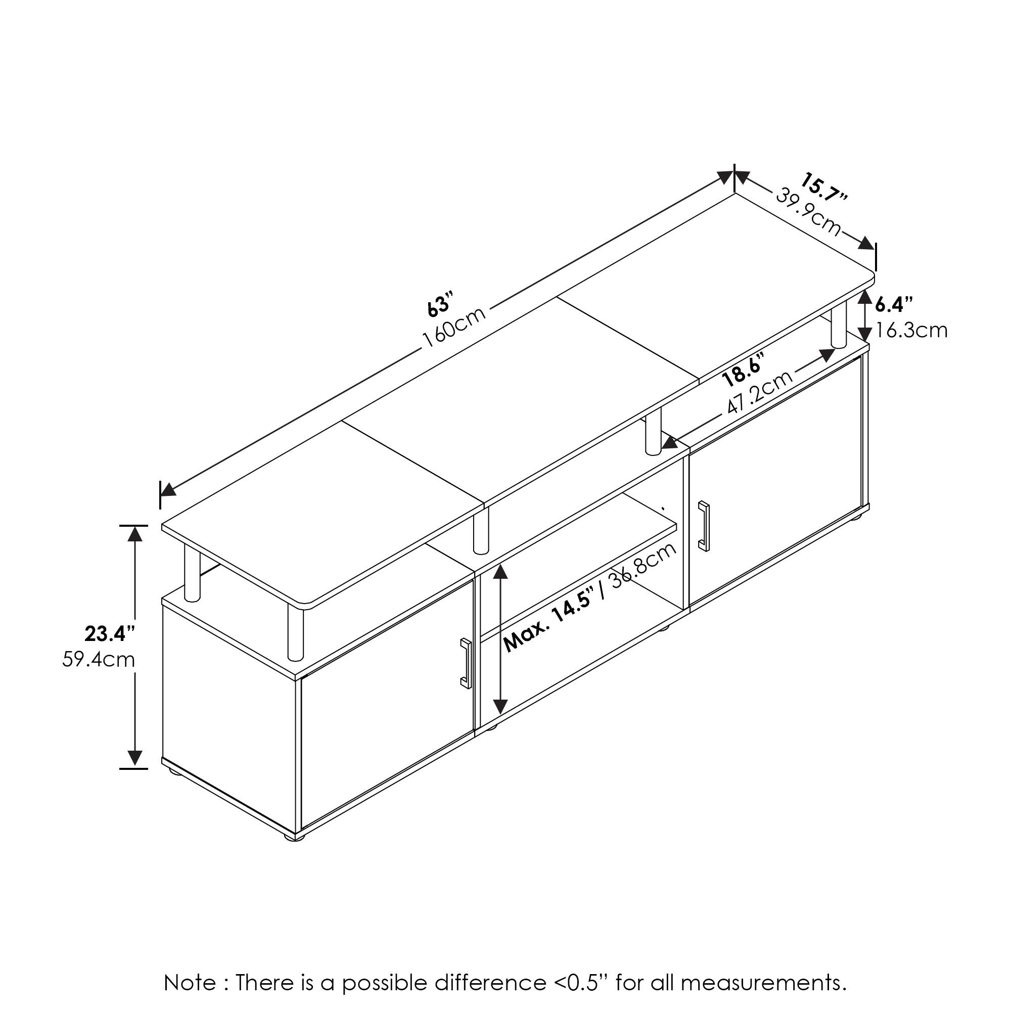 63" / 160cm  
15.7" / 39.9cm  
6.4" / 16.3cm  
18.6" / 47.2cm  
23.4" / 59.4cm  
Max. 14.5" / 36.8cm  
Note: There is a possible difference <0.5" for all measurements.