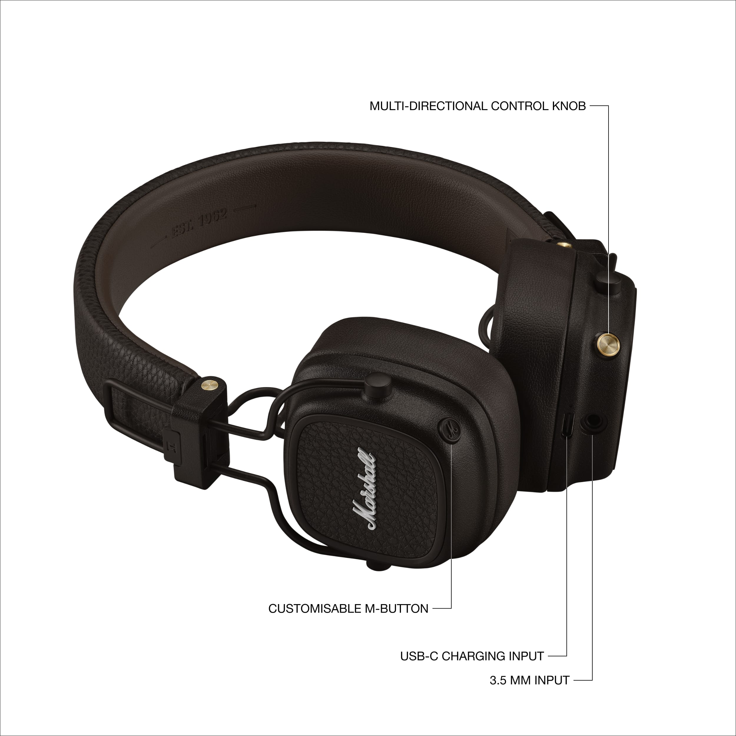 The image features a pair of Marshall headphones with a multi-directional control knob, customizable M-button, and USB-C charging input. The headphones also have a 3.5mm input.