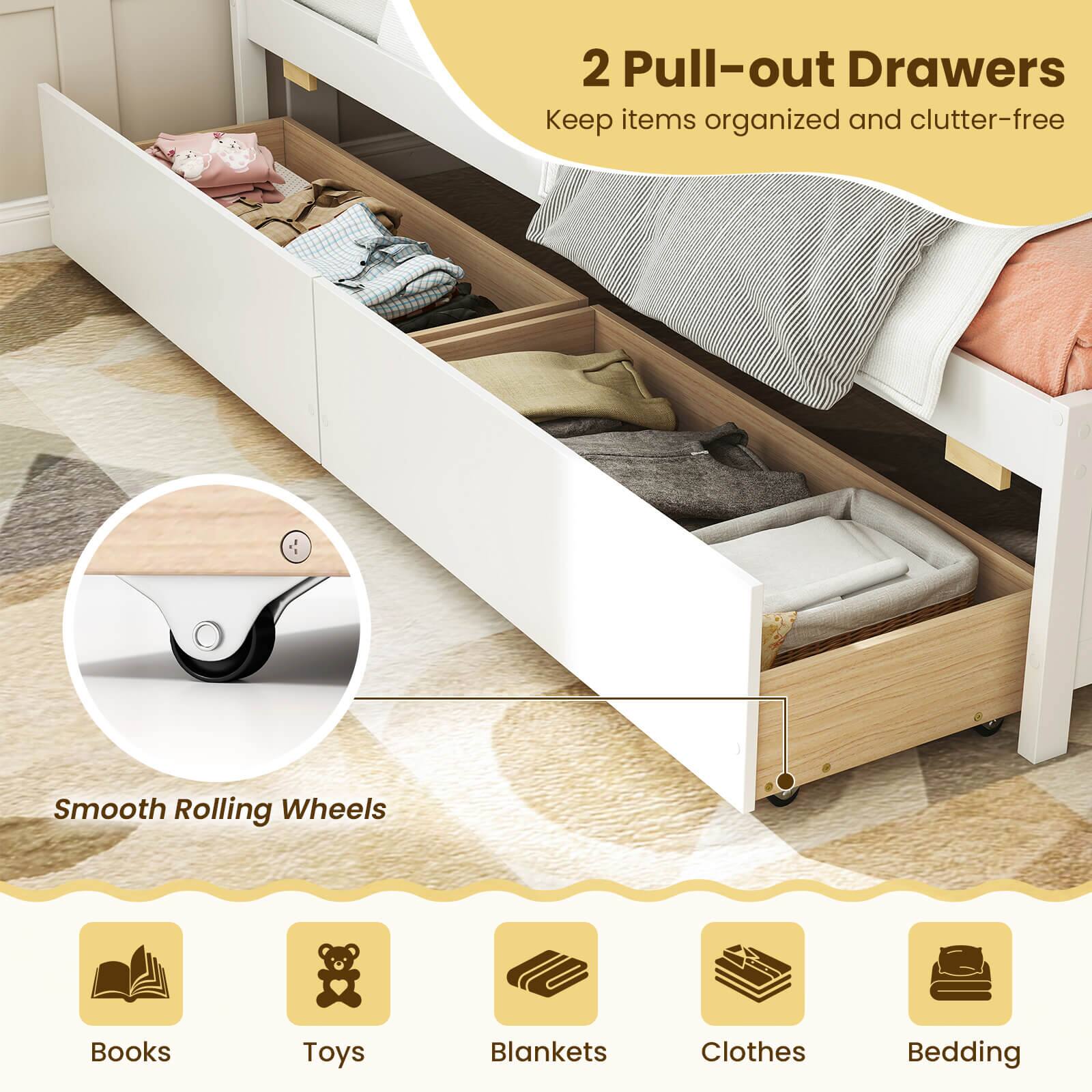 2 Pull-out Drawers Keep items organized and clutter-free Smooth Rolling Wheels Books Toys Blankets Clothes Bedding