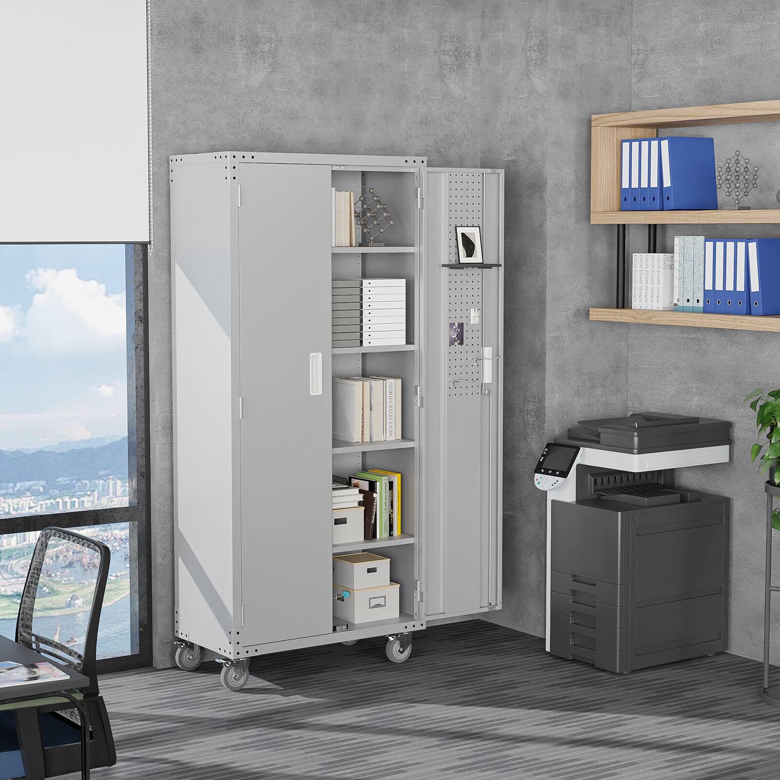 Alt View 5. Winado - 72" Tall Garage Storage Cabinet, Metal Storage Cabinet with Pegboards & Wheels - Grey.