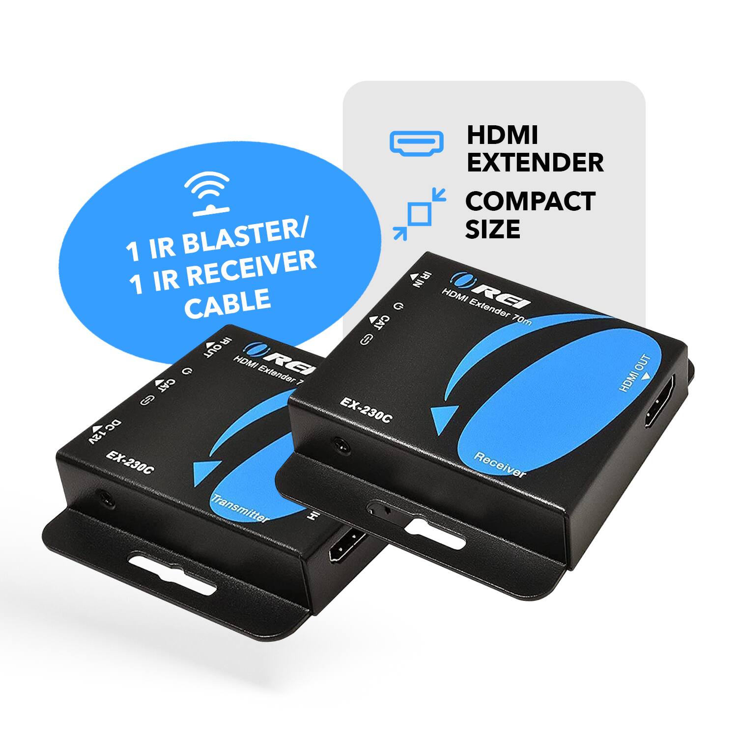 The corrected text is:

"BLASTER/ 1 IR BLASTER 1 IR RECEIVER CABLE  HDMI EXTENDER COMPACT SIZE  HDMI EXTENDER 70m OUT HDMI RECEIVER"