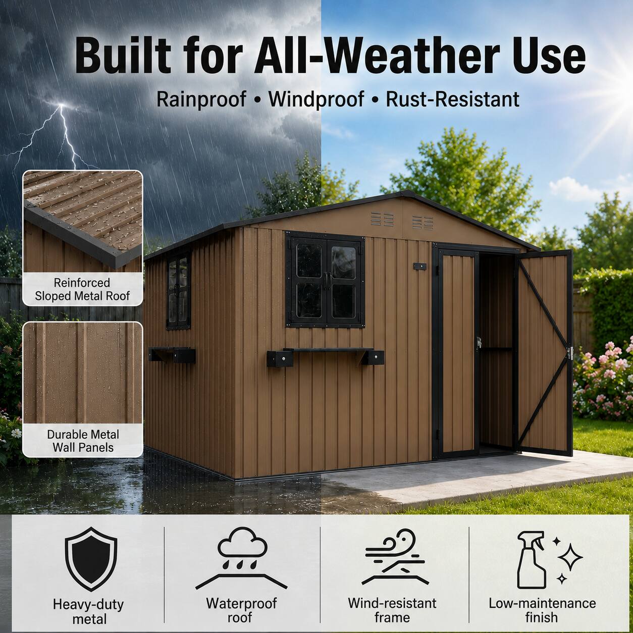 Built for All-Weather Use  
Rainproof • Windproof • Rust-Resistant  

Reinforced Sloped Metal Roof  
Durable Metal Wall Panels  

Heavy-duty metal  
Waterproof roof  
Wind-resistant frame  
Low-maintenance finish