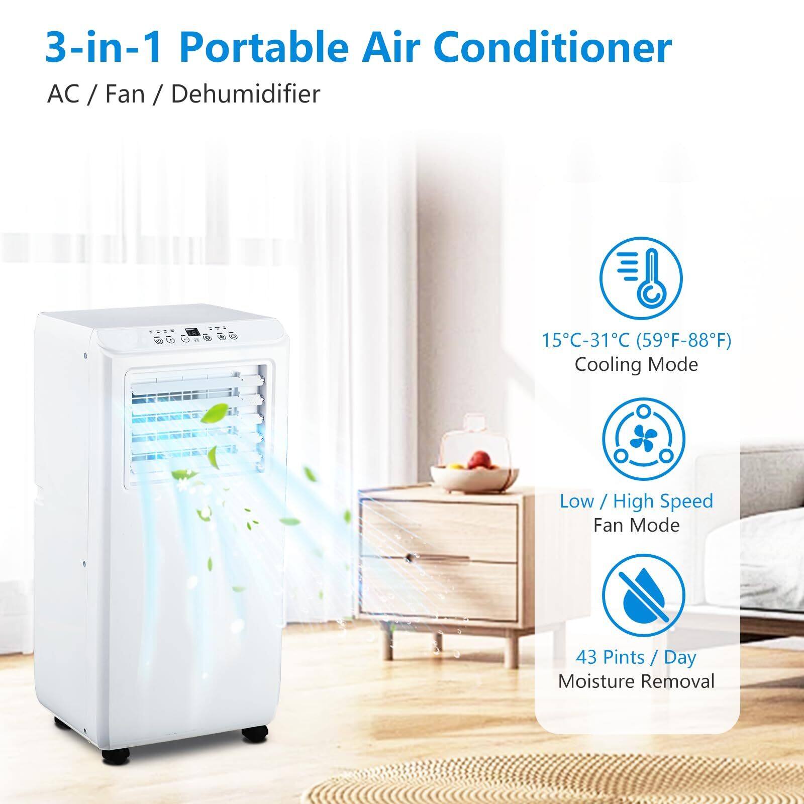 3-in-1 Portable Air Conditioner  
AC / Fan / Dehumidifier  

Cooling Mode  
15°C-31°C (59°F-88°F)  

Low / High Speed Fan Mode  

43 Pints / Day Moisture Removal