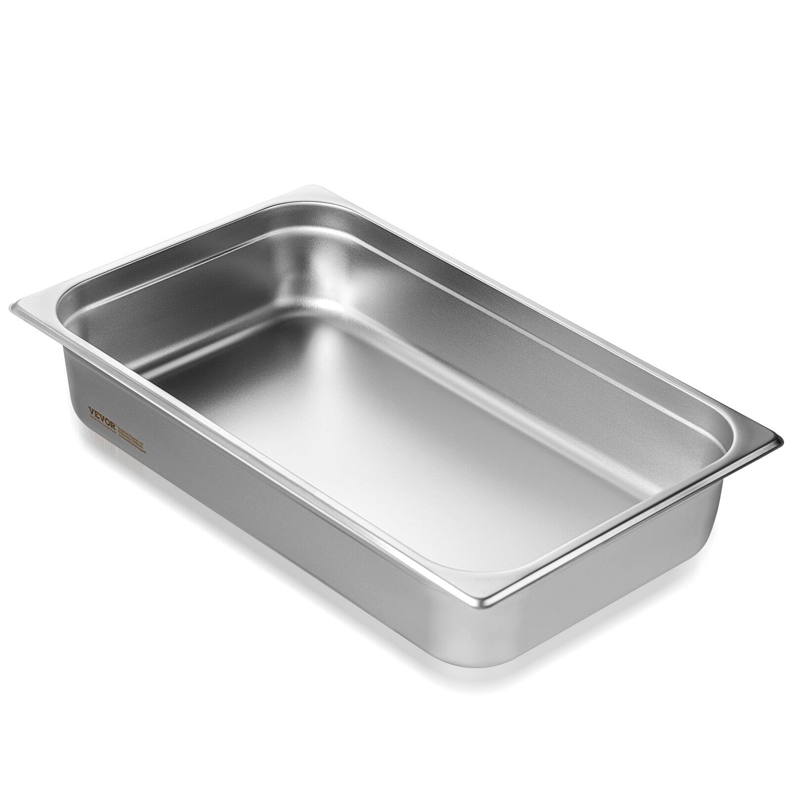 Front. VEVOR - Hotel Pan, Full Size Anti-Jam Steam Pan, 0.8mm Thick Stainless Steel Restaurant Steam Table Pan, 4-Inch Deep Table Pan - Stainless steel color.