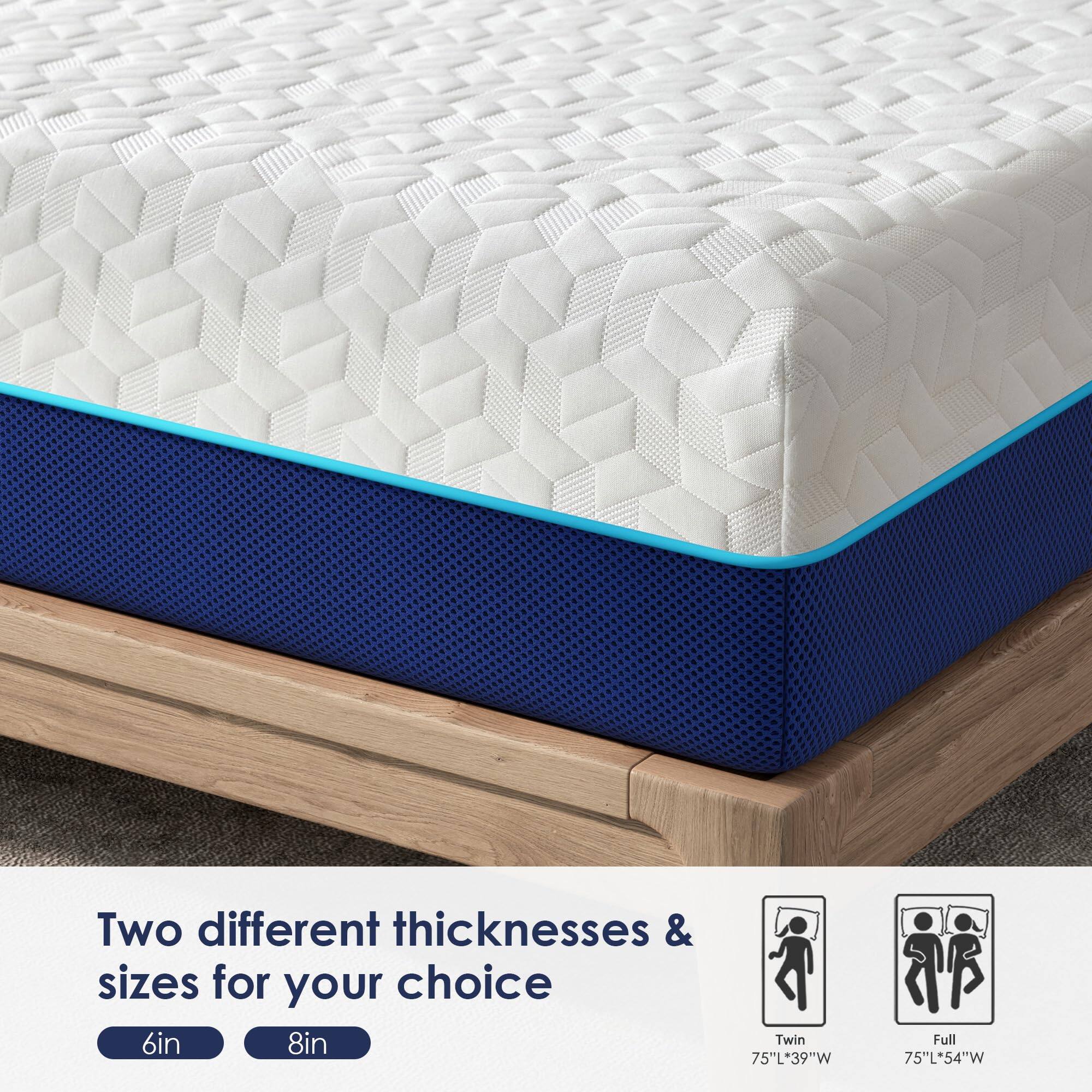 Two different thicknesses & sizes for your choice

6in 8in

Twin 75"L x 39"W

Full 75"L x 54"W