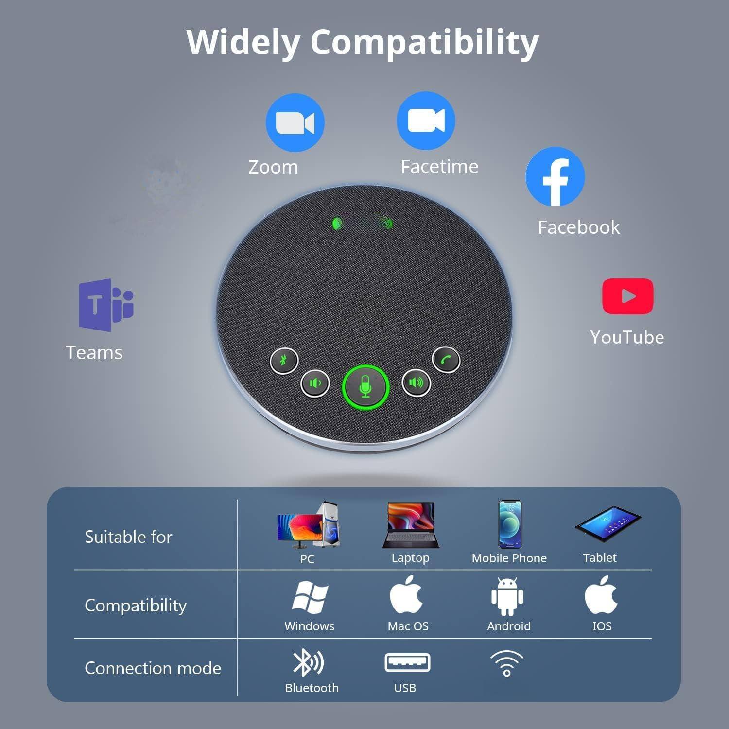 Widely Compatibility

- Zoom
- Facetime
- Facebook
- YouTube
- Teams

Suitable for:
- PC
- Laptop
- Mobile Phone
- Tablet

Compatibility:
- Windows
- Mac OS
- Android
- iOS

Connection mode:
- Bluetooth
- USB