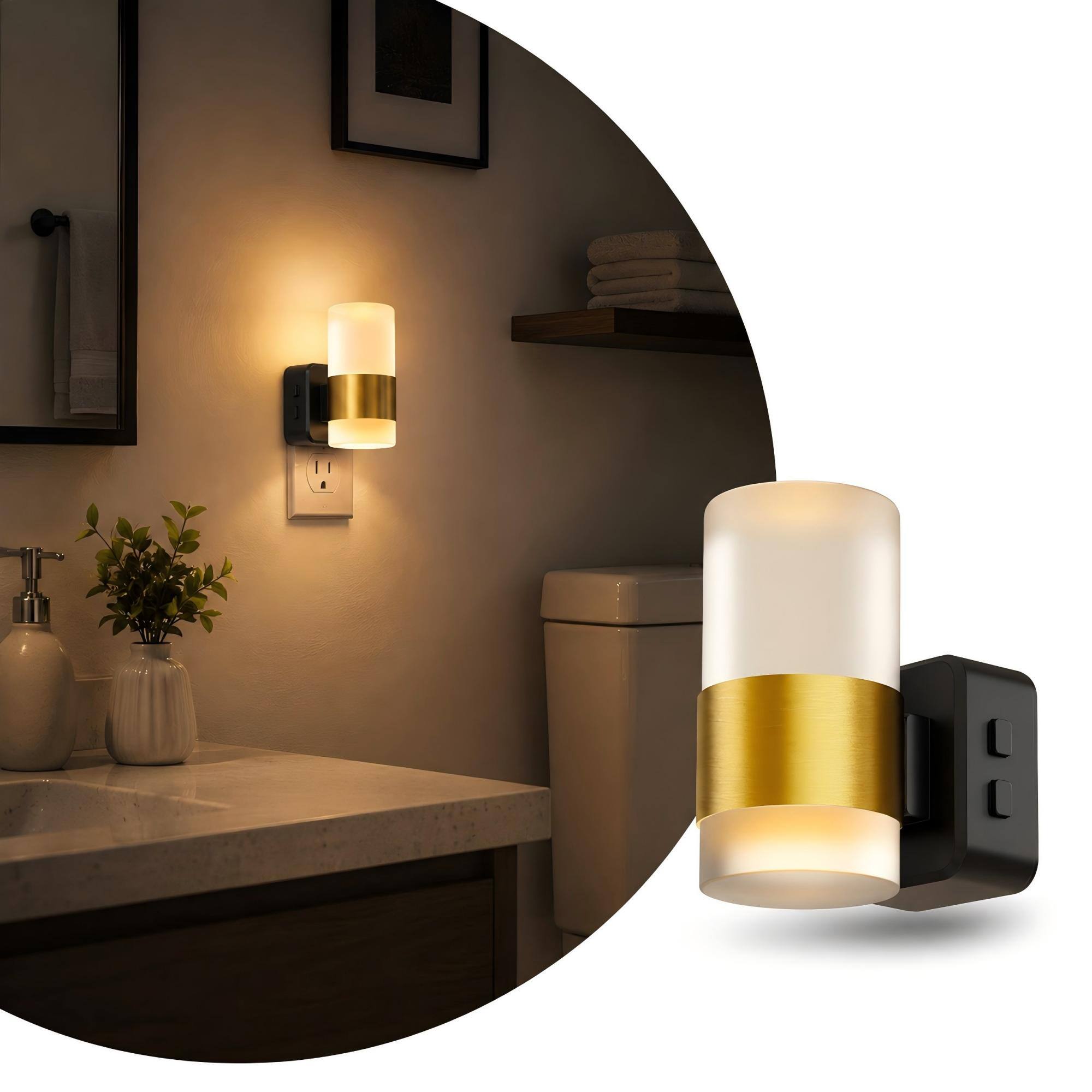 Angle. Jandcase - JANDCASE 1W Plug-in Night Light, 3000K Warm Glow, Frosted Acrylic Cylinder with 5-Step Dimming, Memory, Dusk-to-Dawn - Black and Gold.