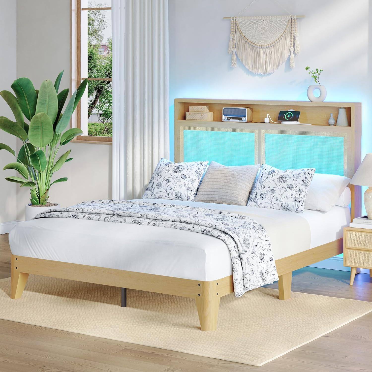 Left. Homhougo - Rattan Full Bed Frame with Natural Rattan Headboard, Bohemian Platform Bed with LED Lights, Charging Station & Storage - Natural.