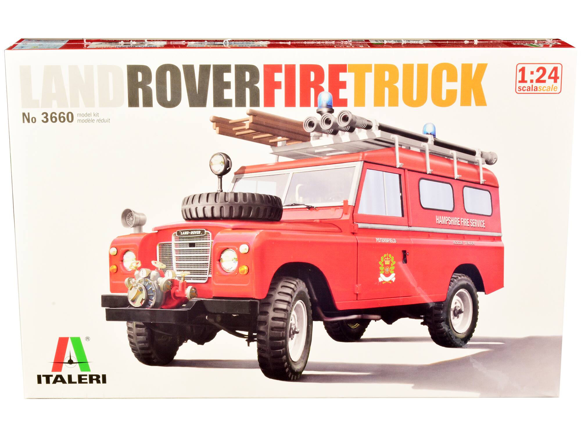 1:24 LAND ROVER FIRETRUCK  
scale model kit  
No 3660  
modèle réduit  
ITALERI  
HAMPSHIRE FIRE SERVICE  
PETERSFIELD