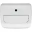 The image features a white appliance with a display screen showing the time and temperature. The appliance is a combination of a fan and a heater, providing both cooling and heating functions. The display screen also shows the fan speed and timer settings, allowing users to control the fan and temperature according to their preferences. The appliance is designed to be energy-efficient and environmentally friendly, making it a practical choice for home use.