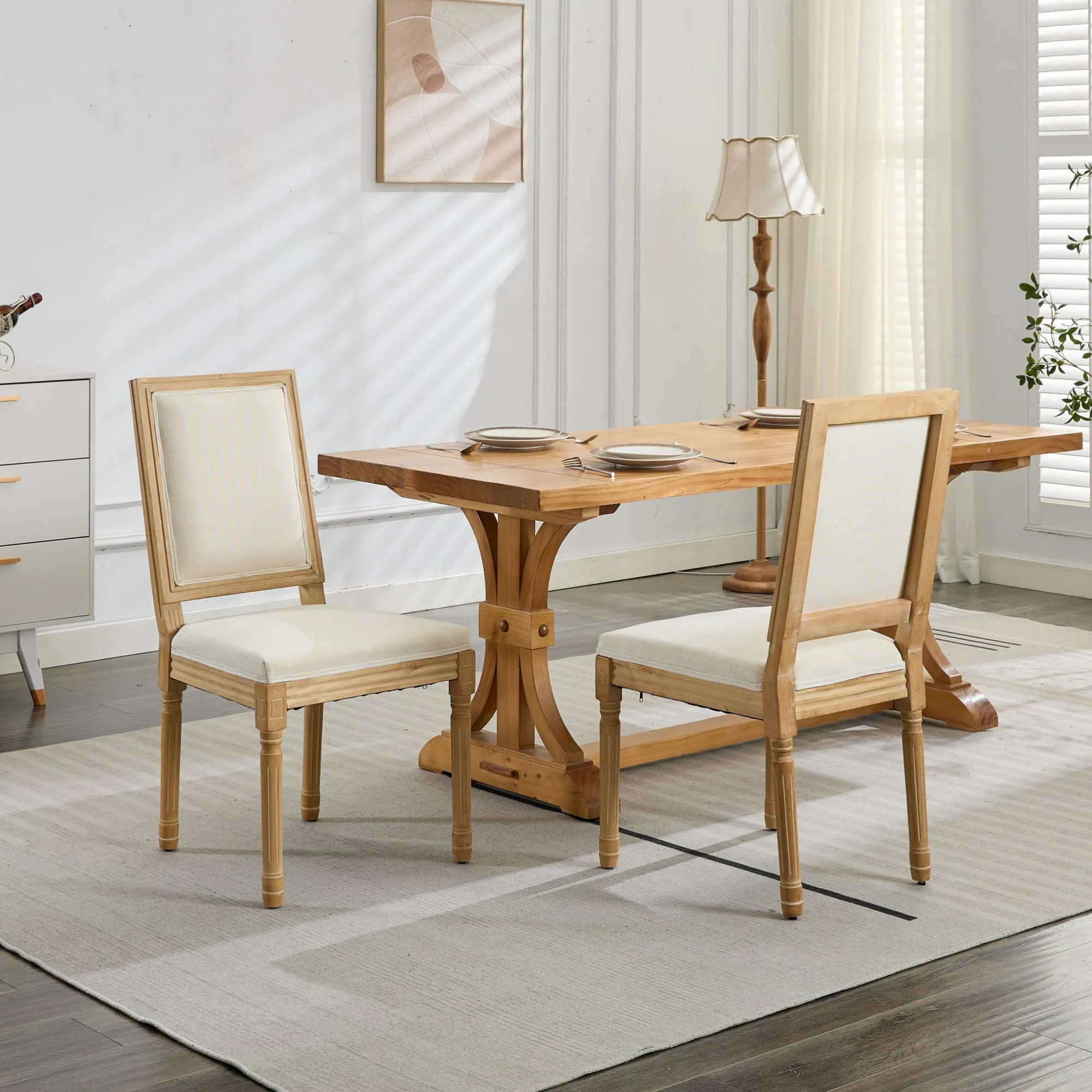 Alt View 10. GOODSILO - Elegant French Style Dining Chairs Set of 2 with Square Backrest and Carved Wood Frame for Home and Restaurant - Beige.