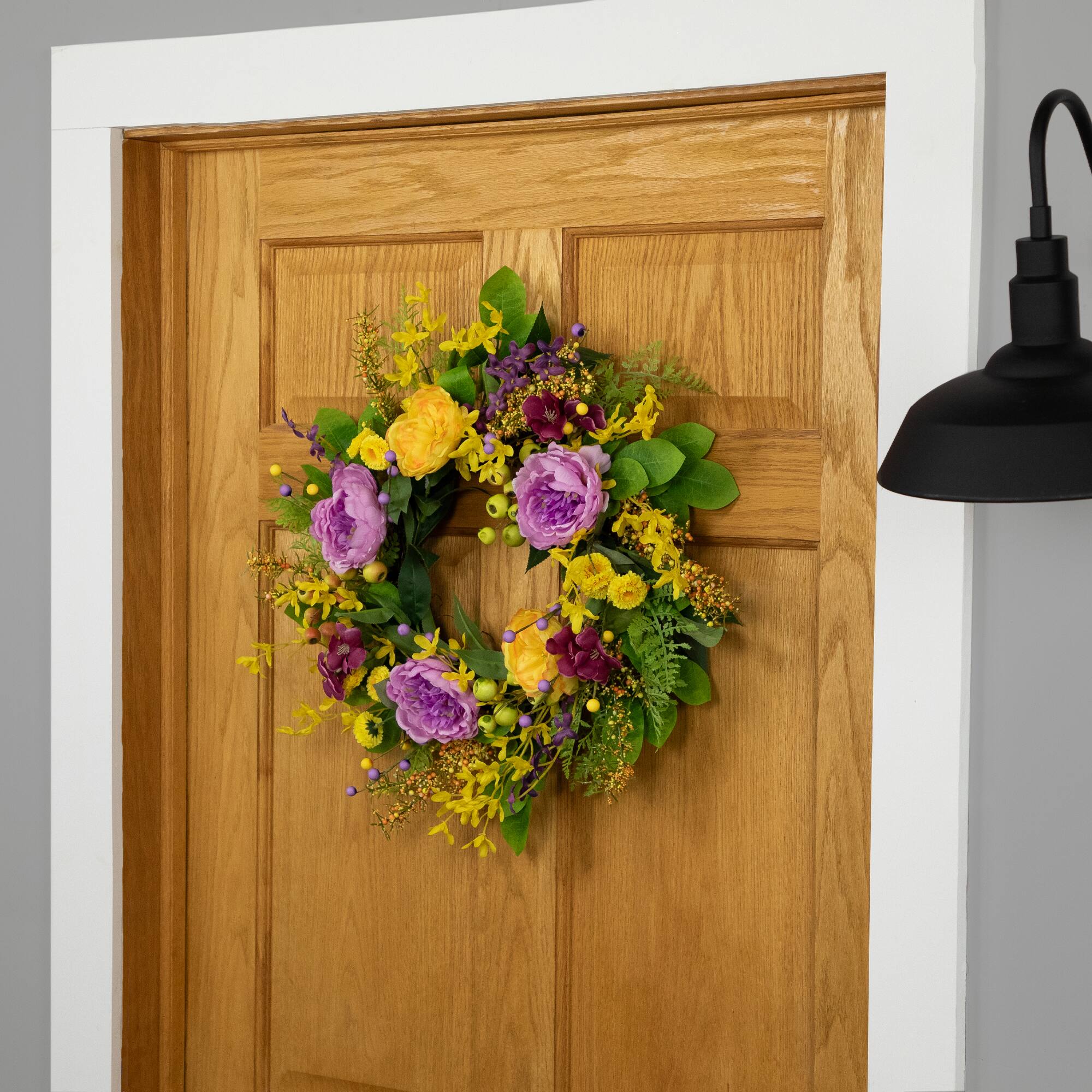 Alt View 2. Northlight - Peonies and Forsythia Spring Wreath - 24" - Yellow and Purple - Yellow.